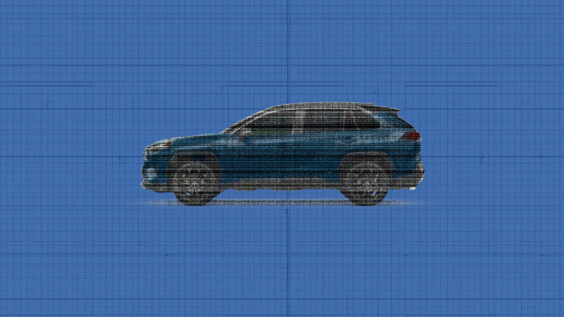 A photo illustration of a sketchy Toyota RAV4 in blue in the center of a gridded background pattern that looks like a blueprint