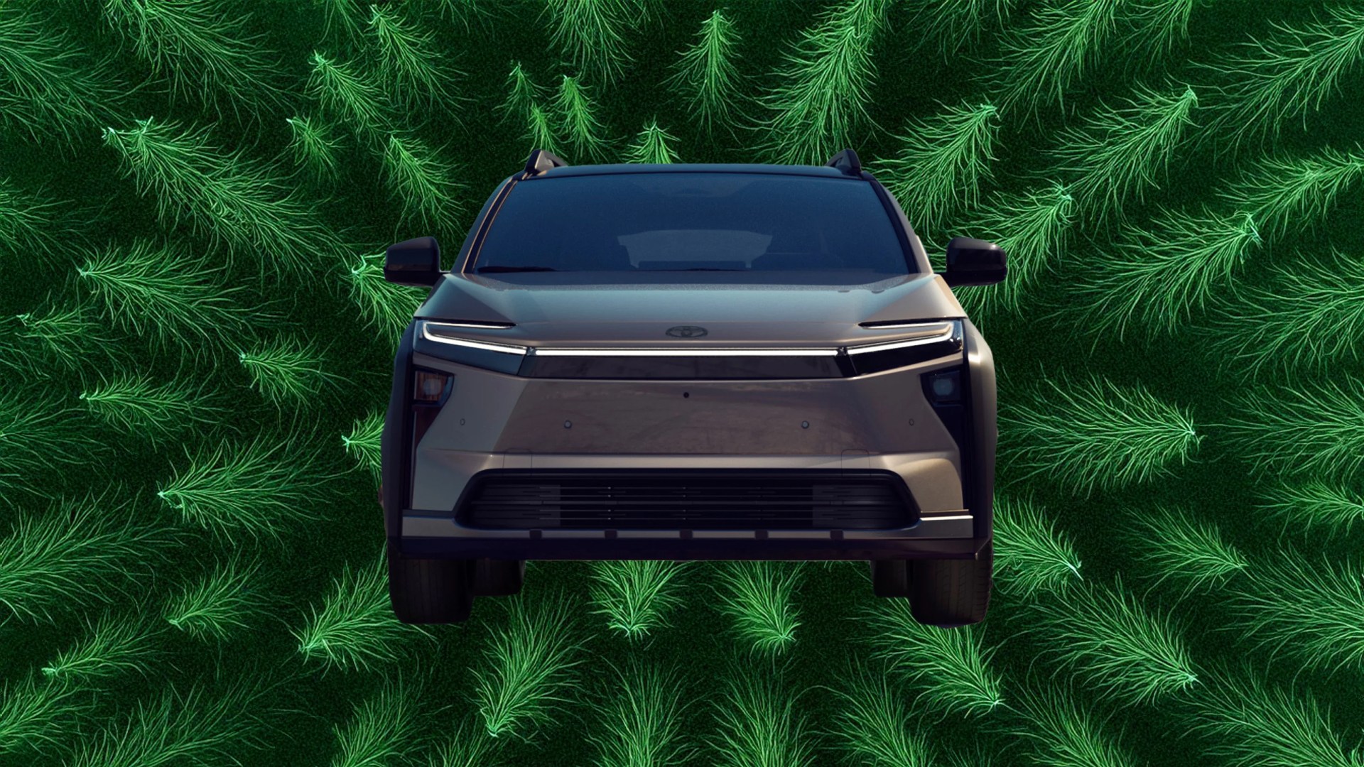 The front of the Toyota bZ Woodland EV shown head-on against an illustrated background of pin tree tops