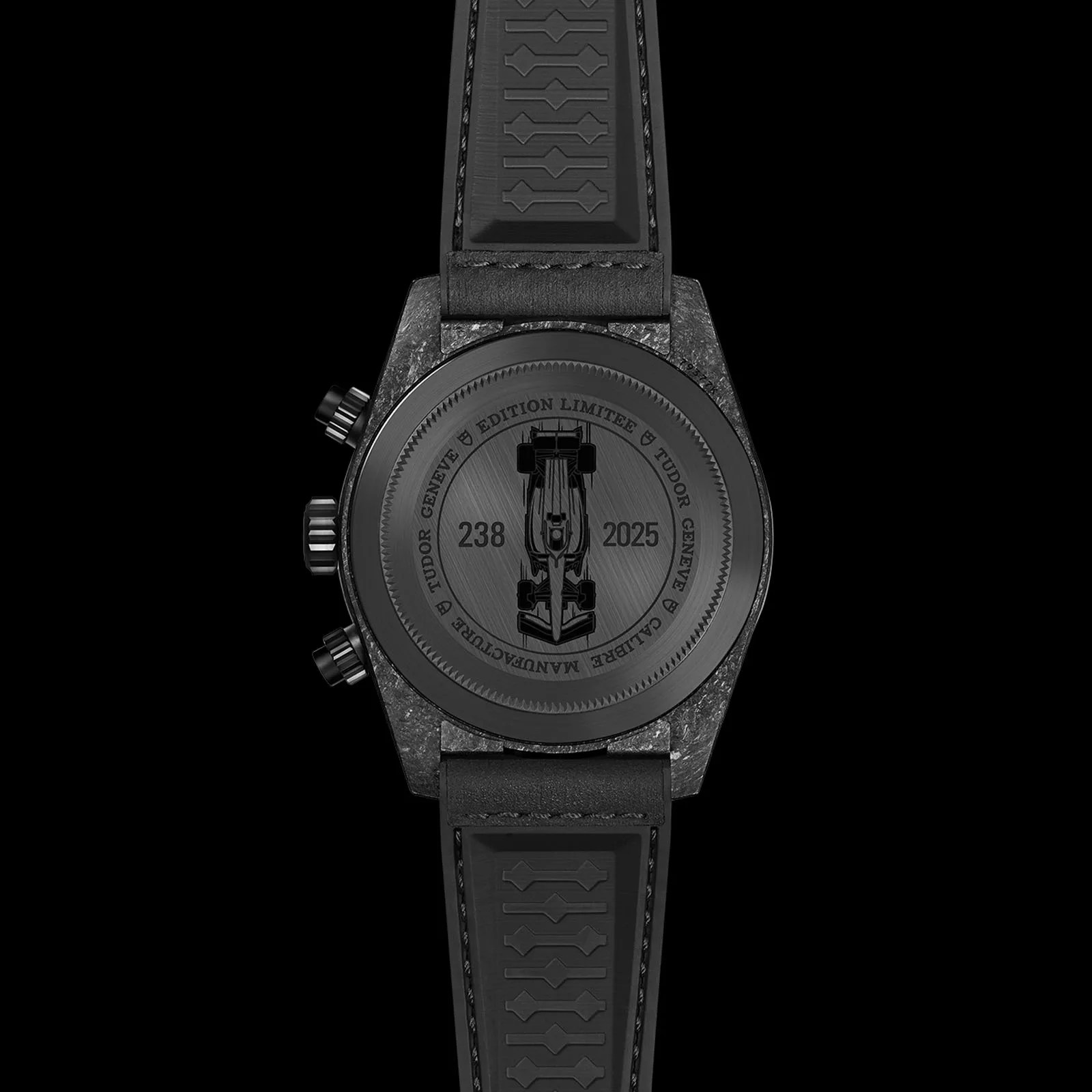 The case back of the Tudor Black Bay Chrono "Carbon 25" watch showing an engraving of an F1 car and limited numerals