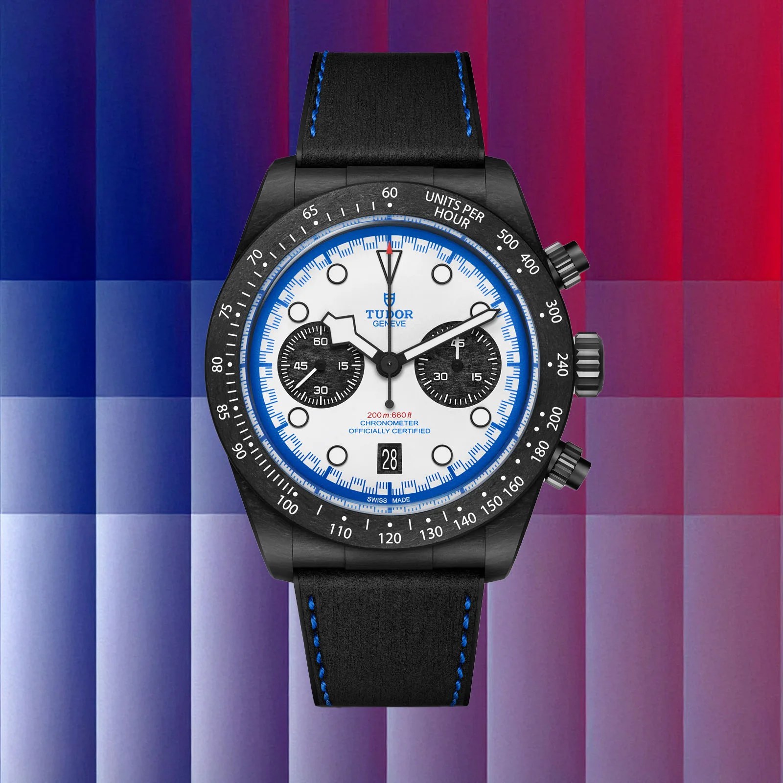 Tudor Black Bay Chrono "Carbon 25" shown facing forward on blue and red gradient background
