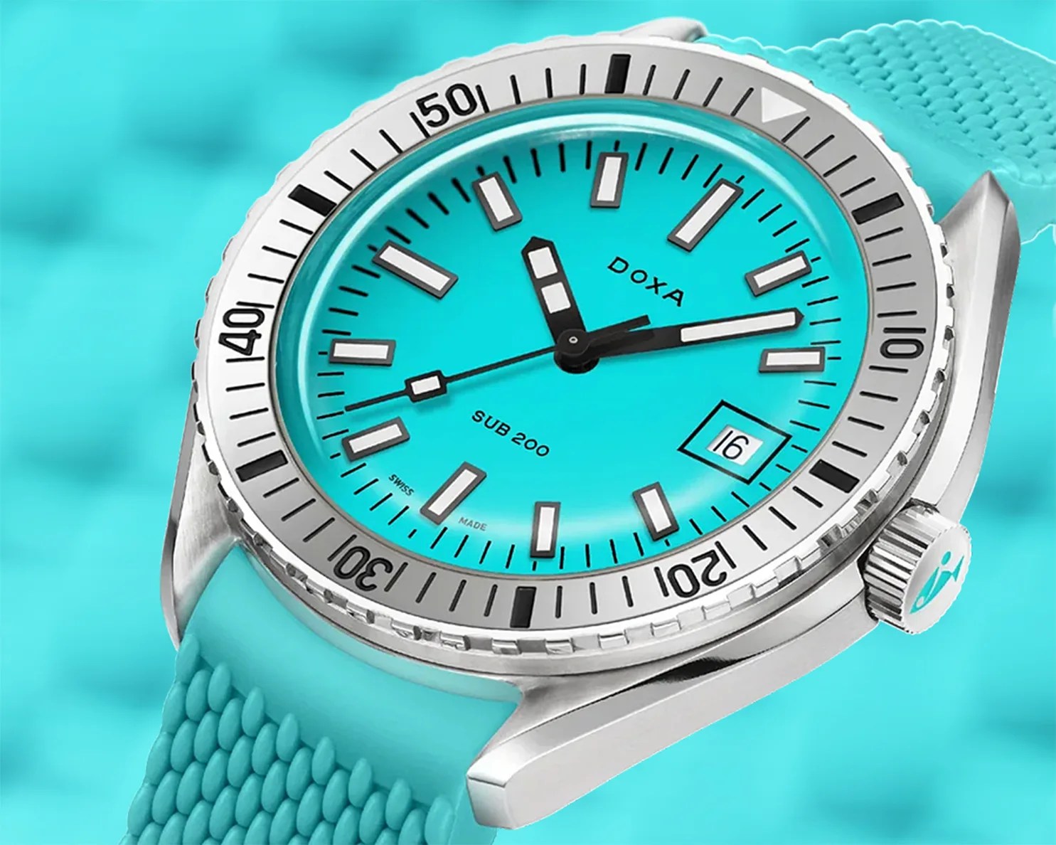 a light blue dive watch