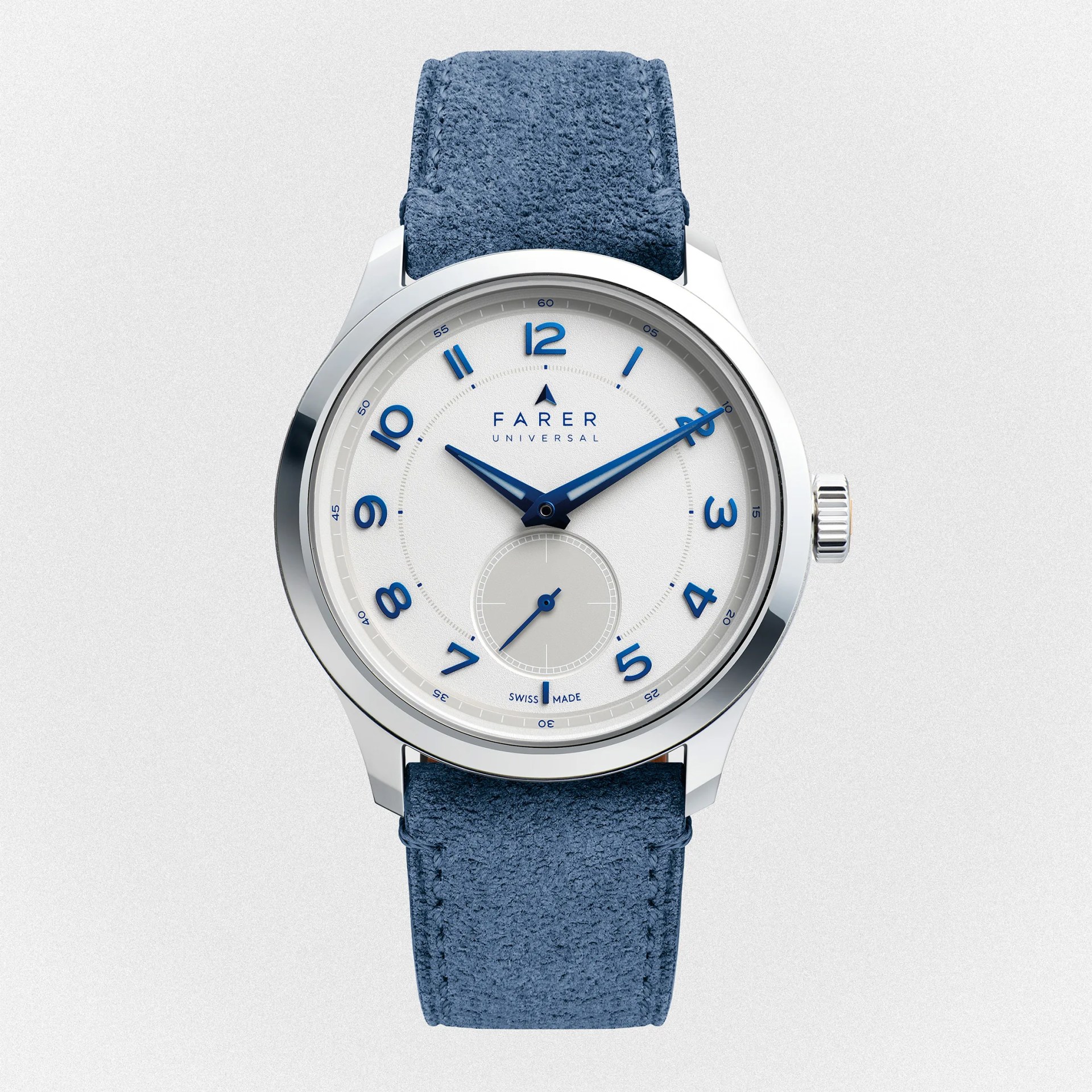 a Farer dress watch with a blue suede strap