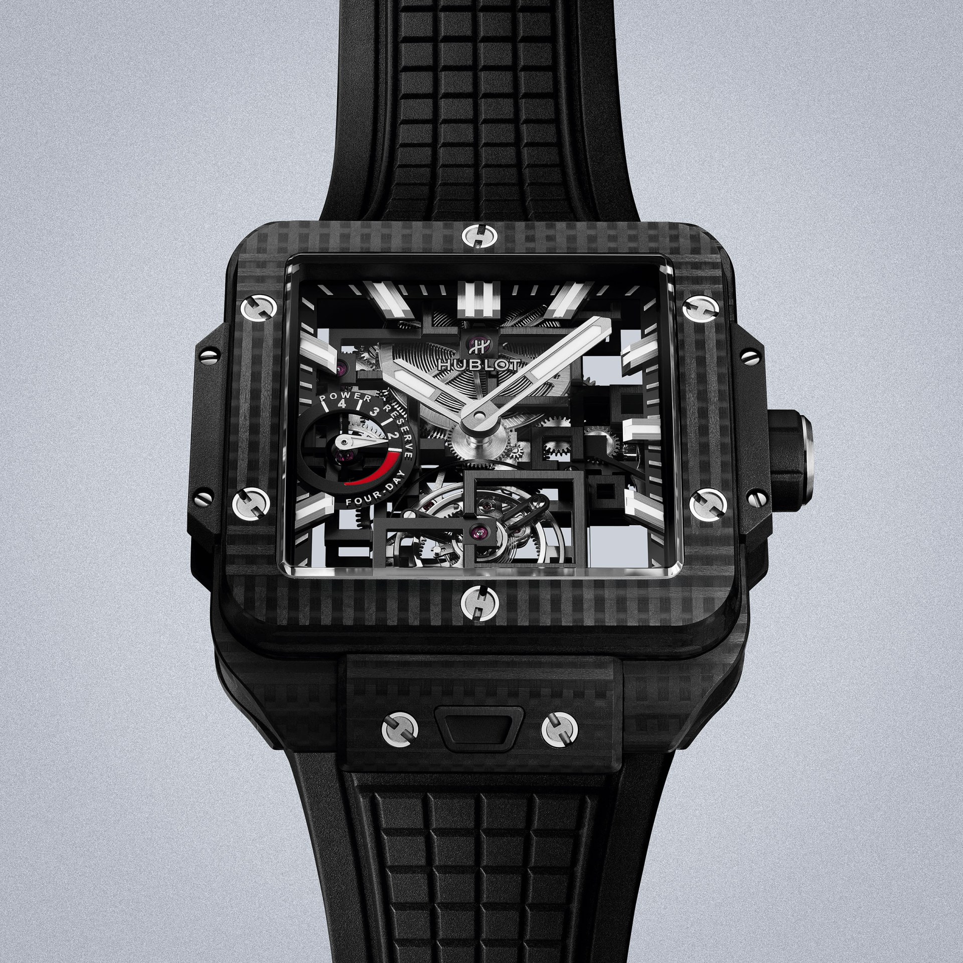 a black square skeletonized Hublot watch