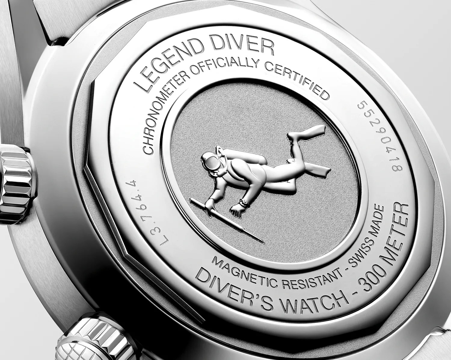 the case back of a Longines dive watch