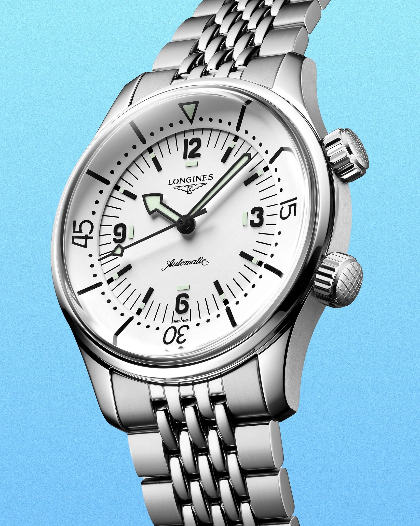 a Longines dive watch with a white dial