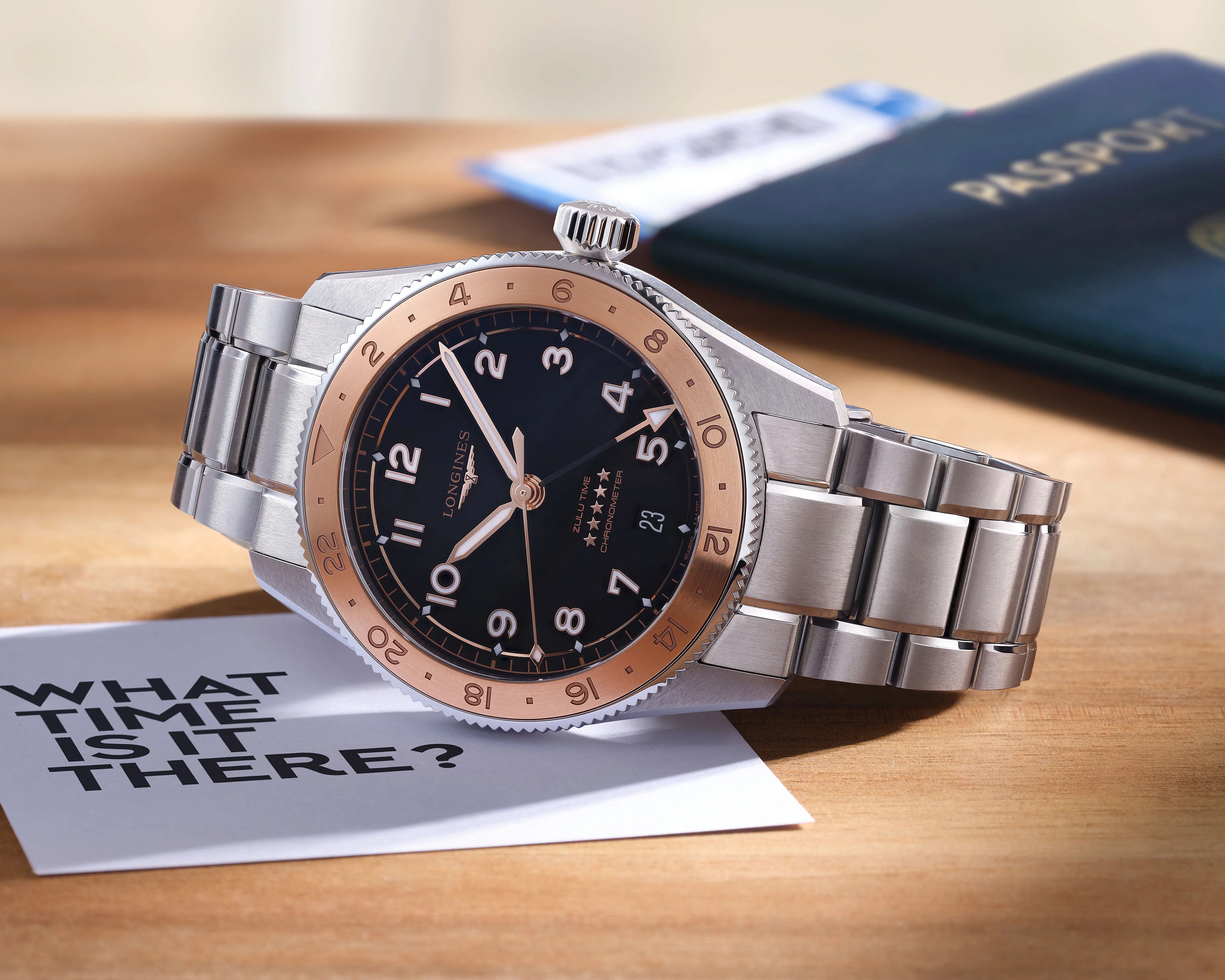 a Longines watch on a desk