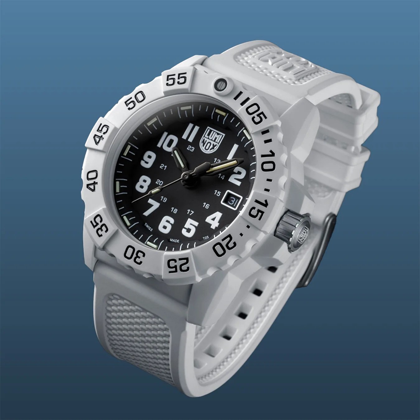 an all white dive watch with a black dial