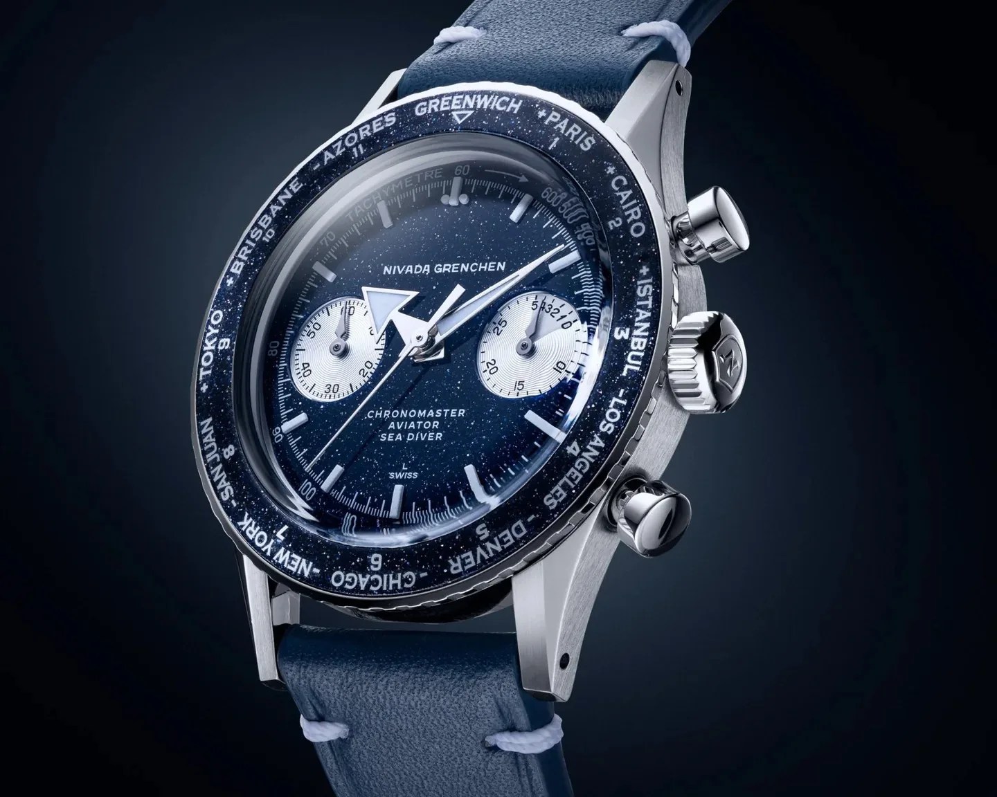 a blue Nivada Grenchen watch