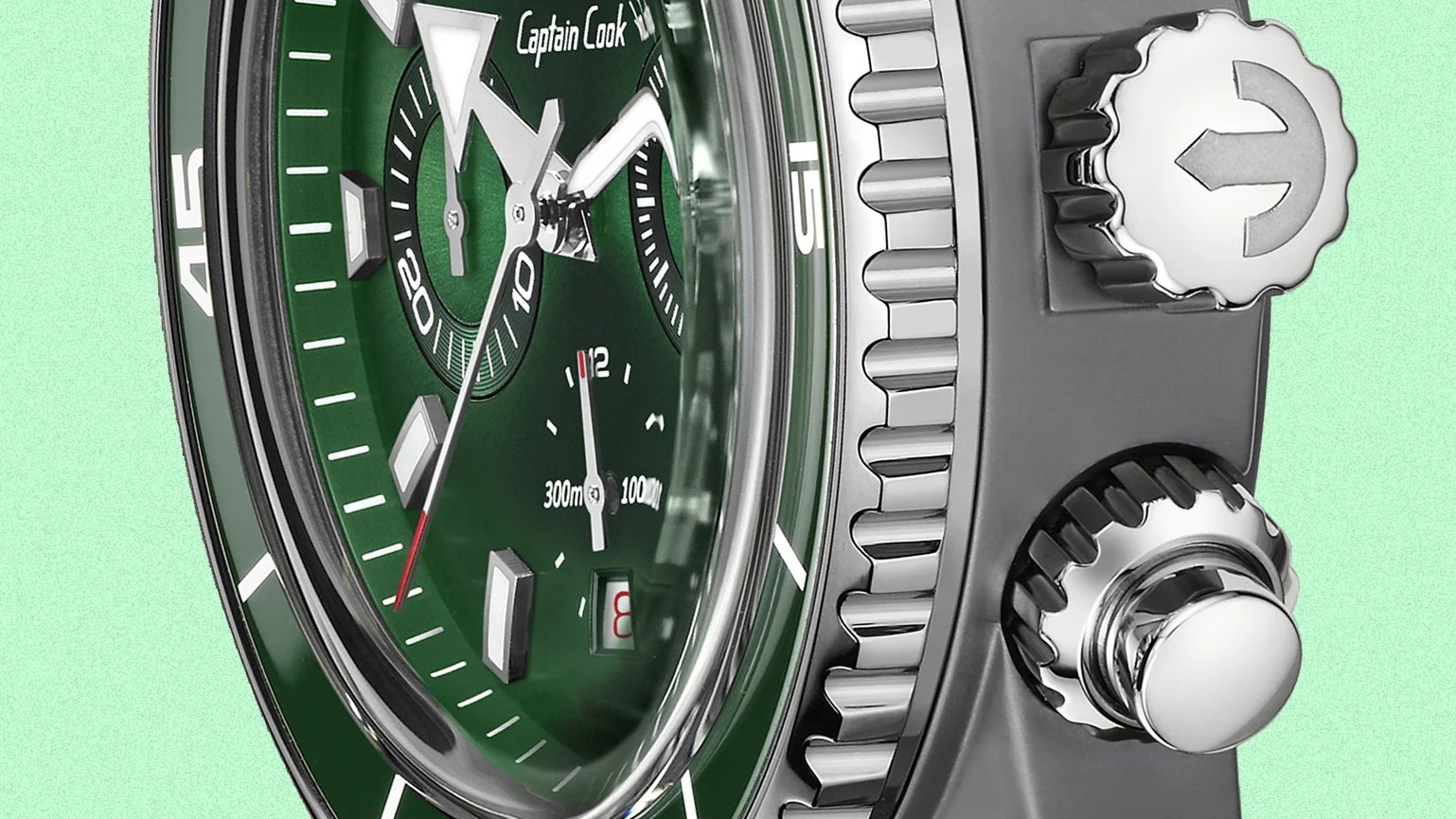 a green Rado chronograph watch dial