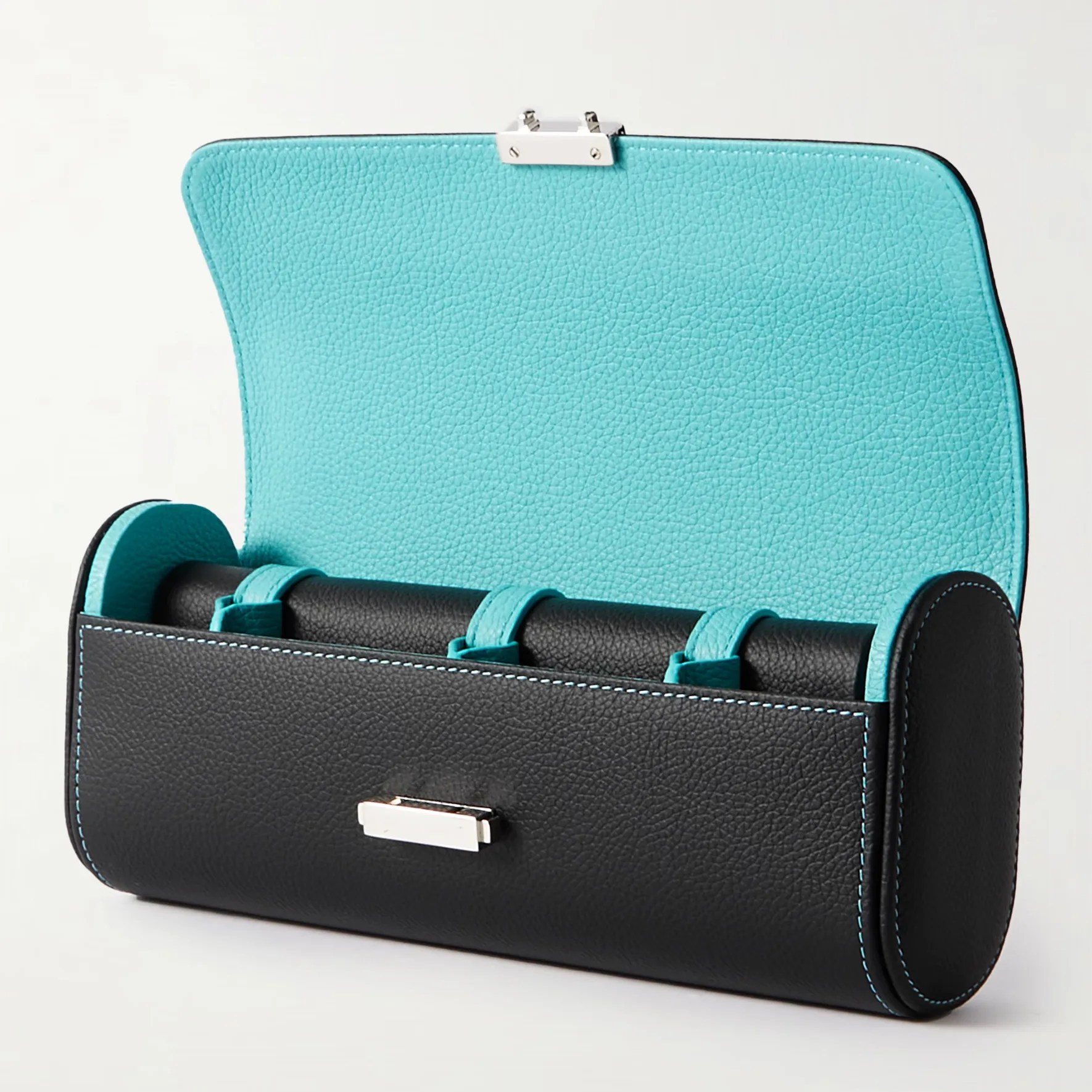 a black leather watch roll travel case