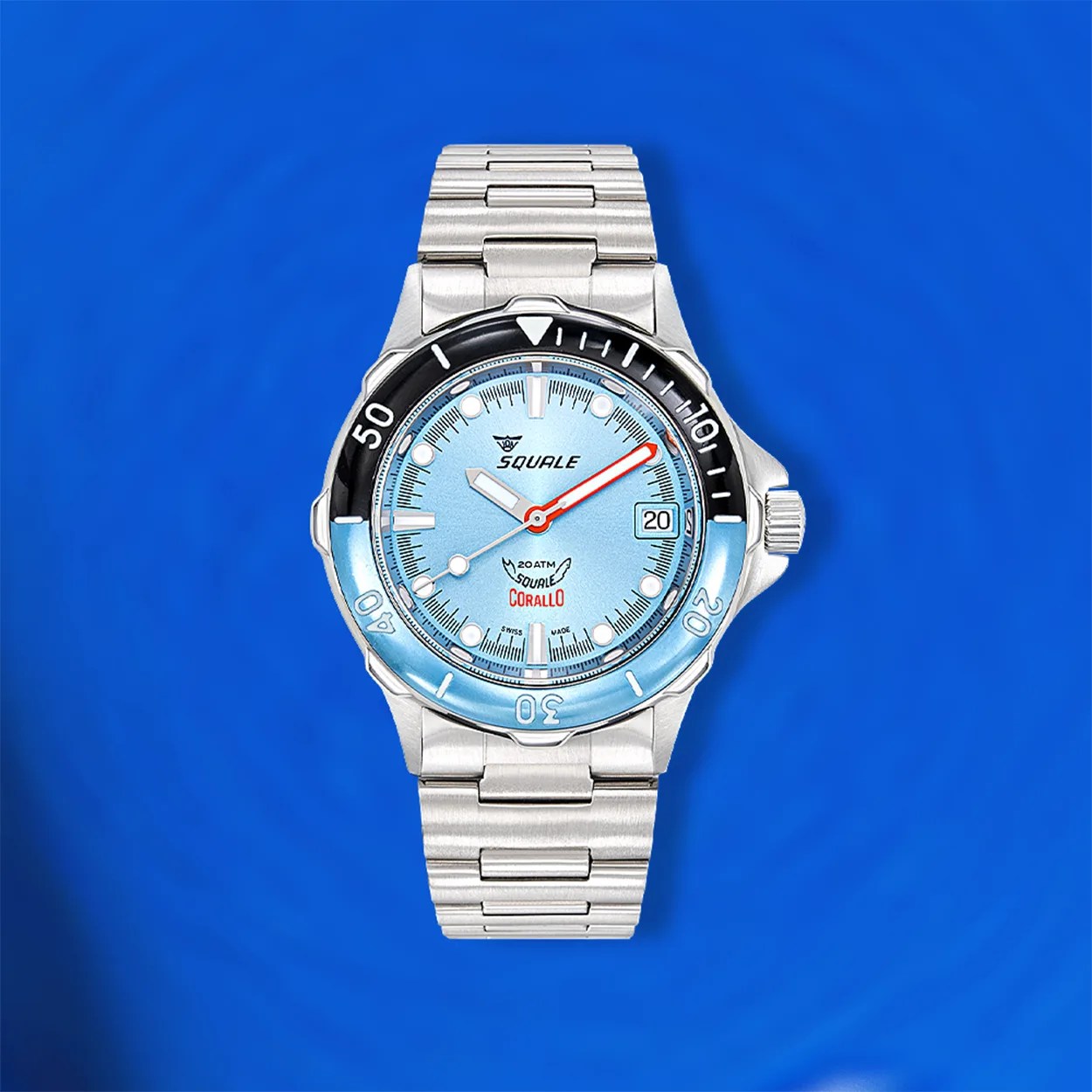 a Squale dive watch with a light blue dial
