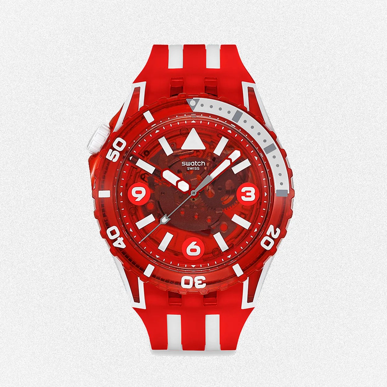 a red Swatch dive watch