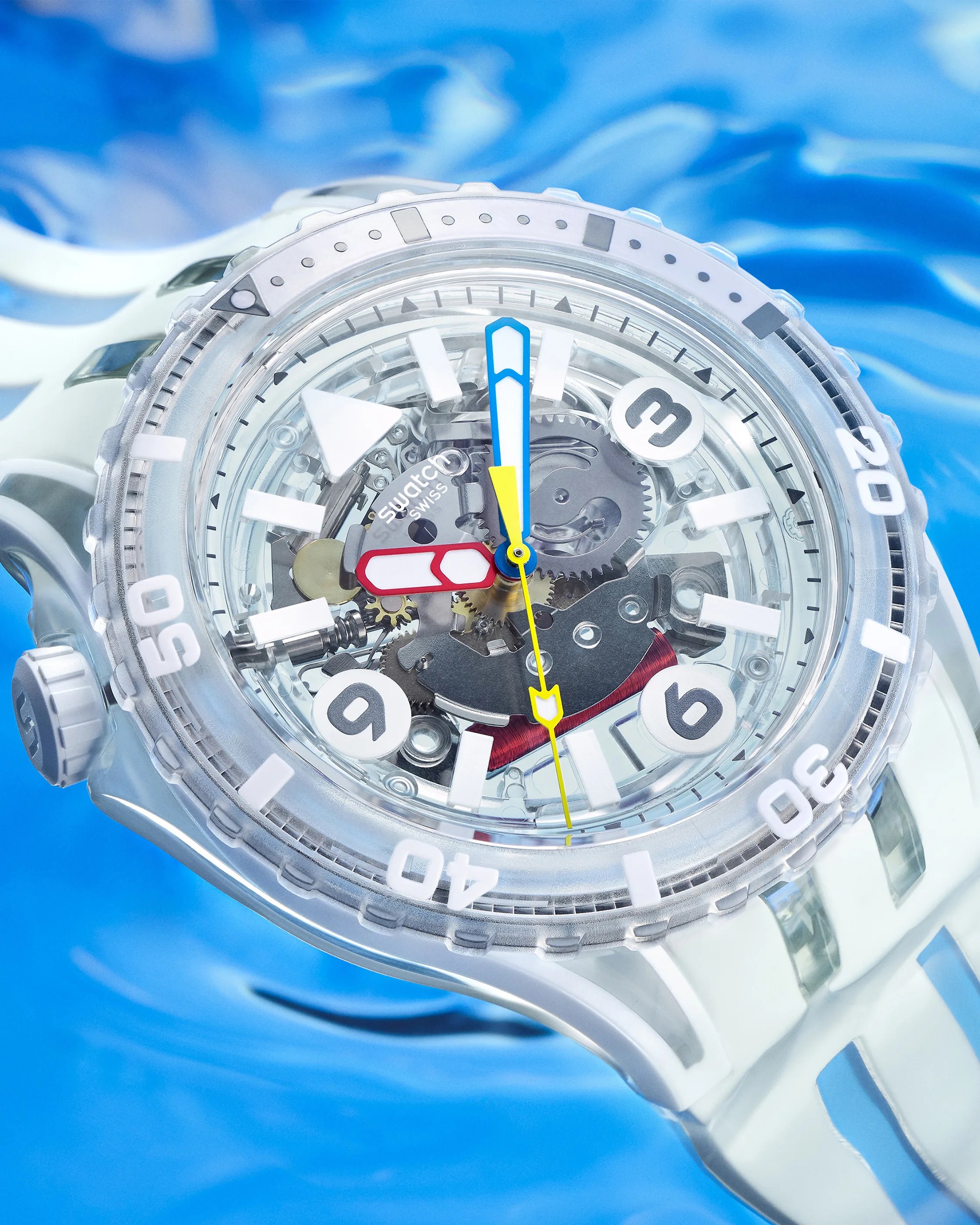 a white translucent Swatch dive watch