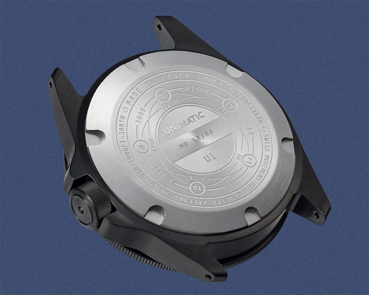 the case back of a Unimatic dive watch