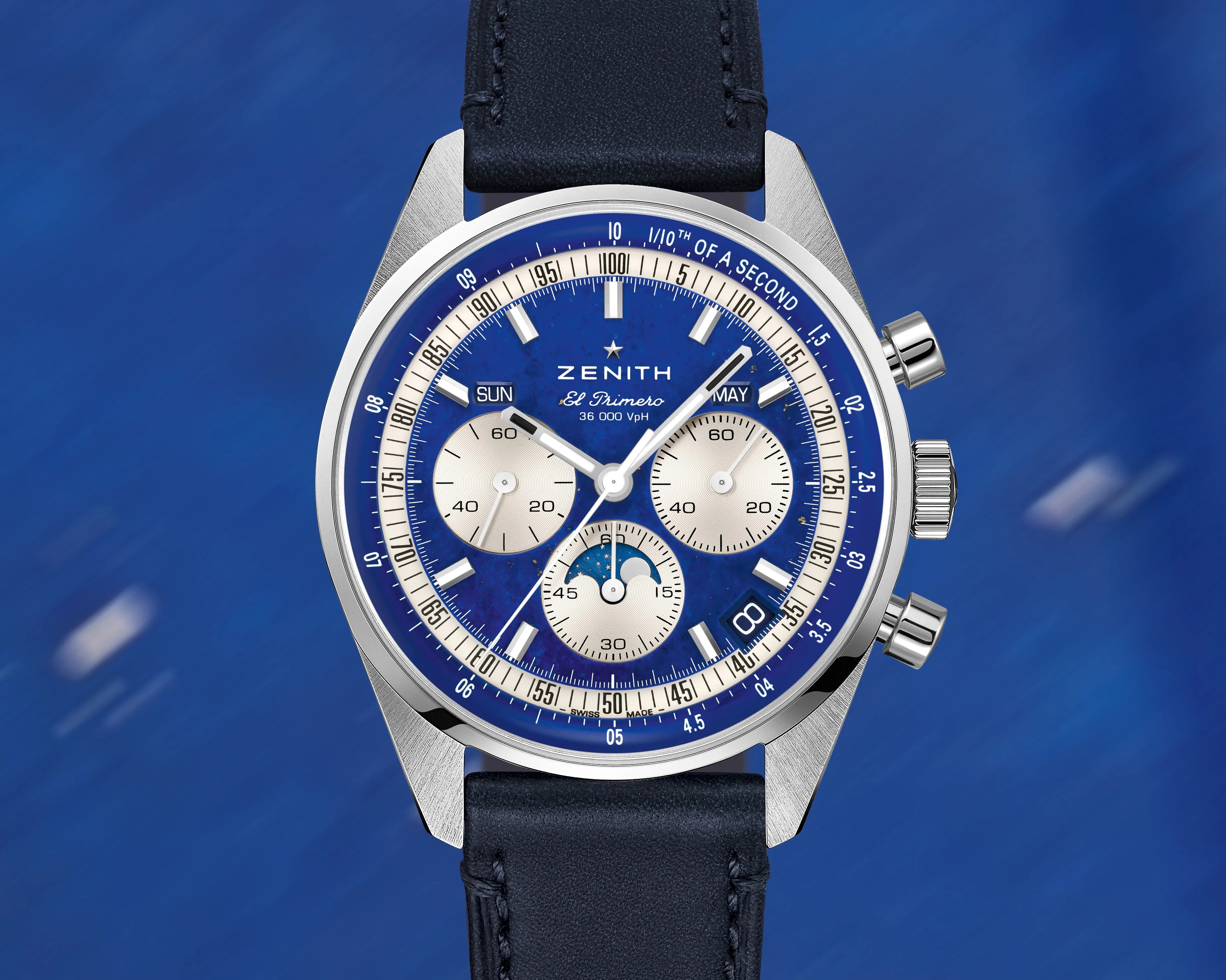 a Zenith chronograph with blue dial