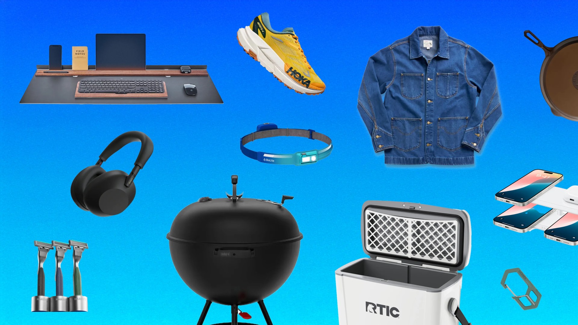 A collage of gifts for Father's Day against a blue gradient background