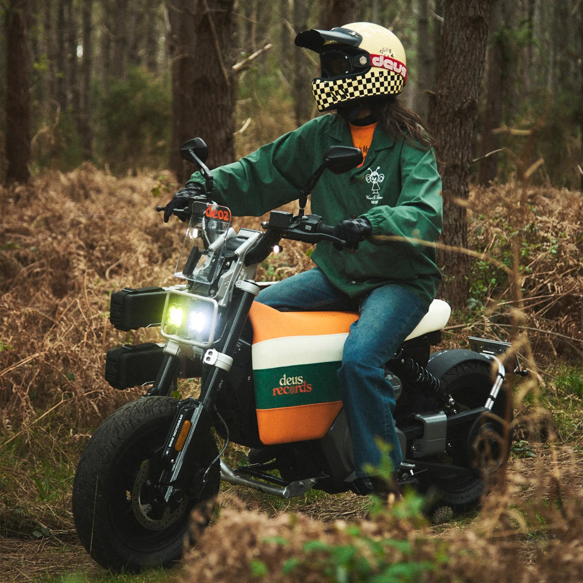 BMW x Deus Ex Machina DE 02 Electric Motorcycle in forest