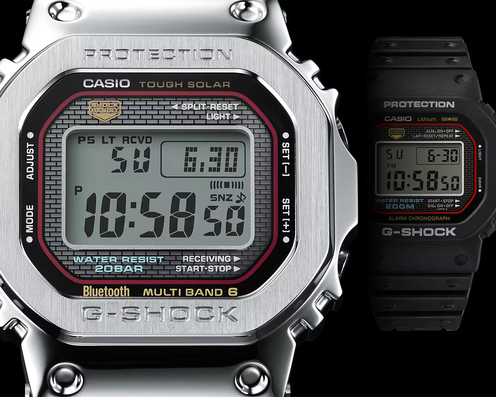 Casio G Shock 5000 Series Full Metal GMW B5000D 1C Watch dial closeup next to original 5000 Series