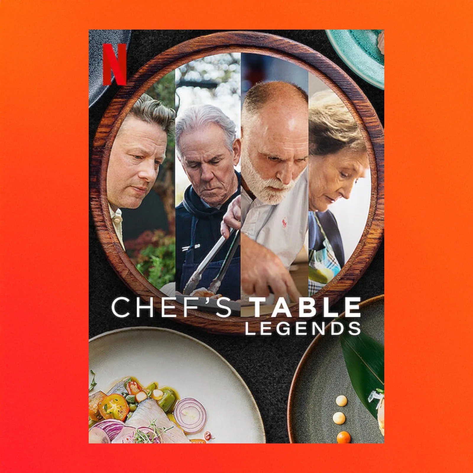 A poster for the Netflix show Chef's Table Legends against a bright orange background