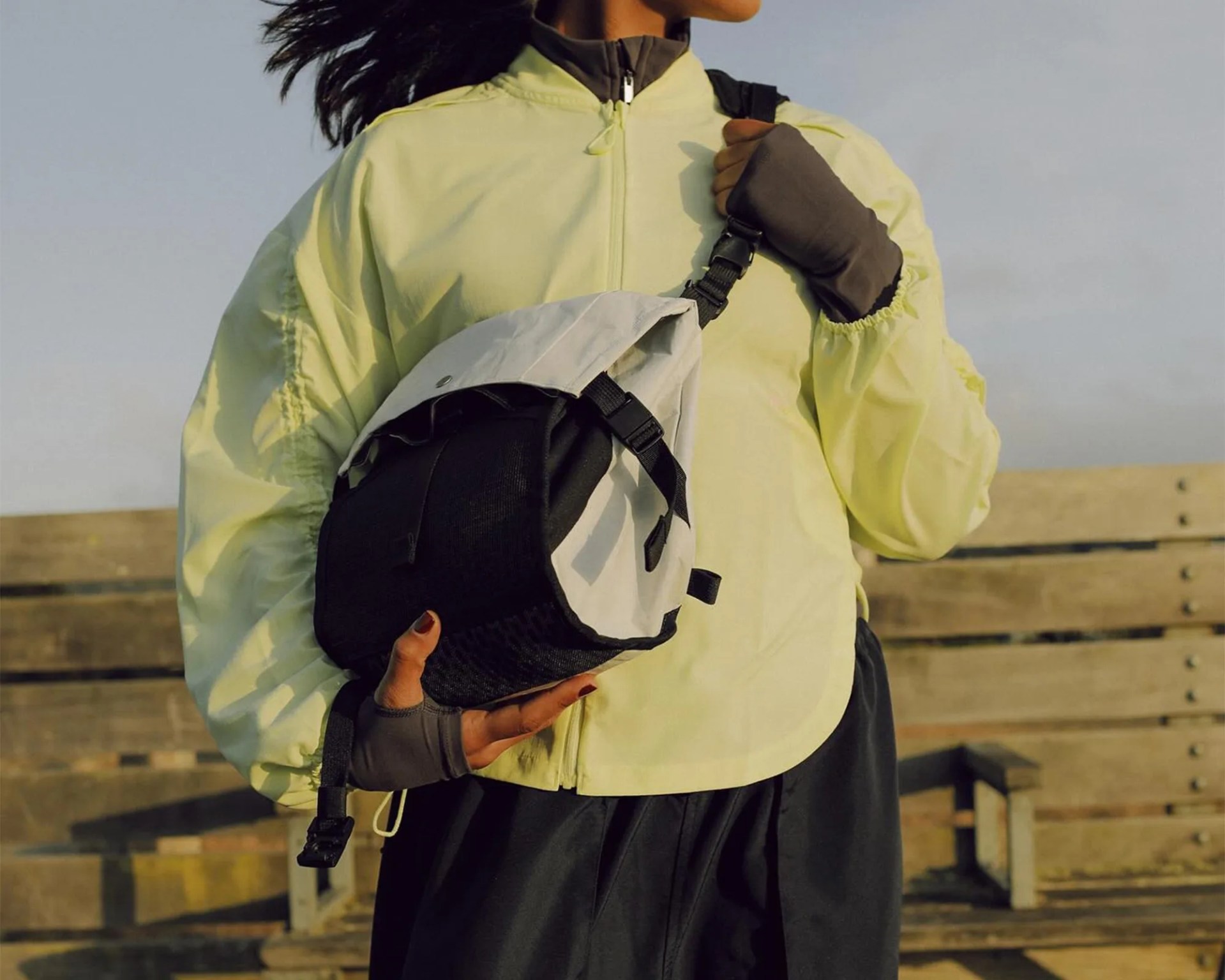 DSPTCH Zero-1 Messenger EDC Bag on person's shoulder