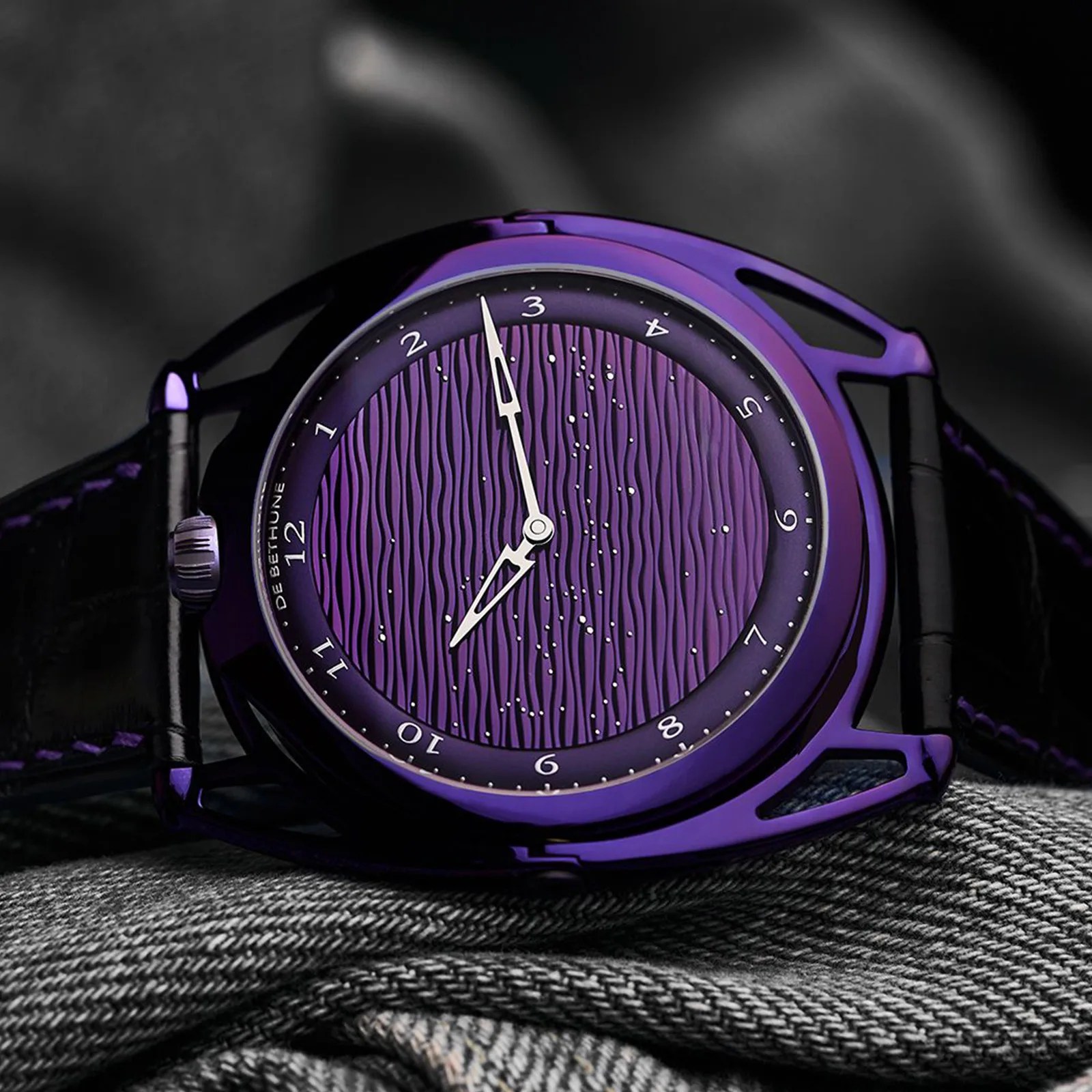 The De Bethune Db28xs Purple Rain sitting on its side