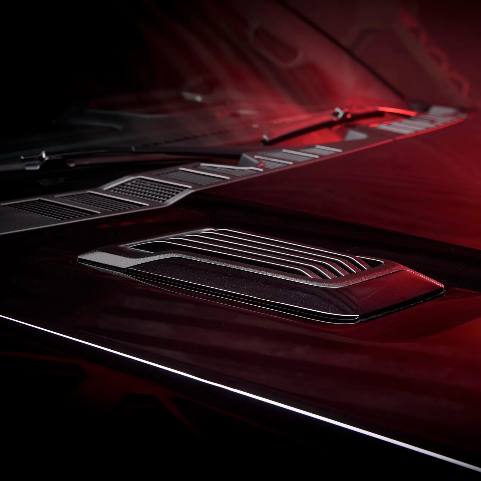 A close-up view of the hood details of the 2025 Ford F-150 Lobo