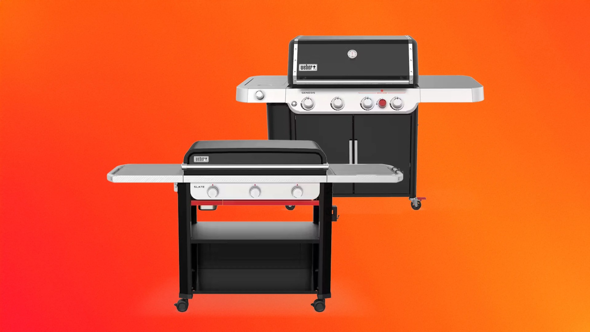 A Weber Gas Grill and Gas Griddle shown against a bright orange gradient background