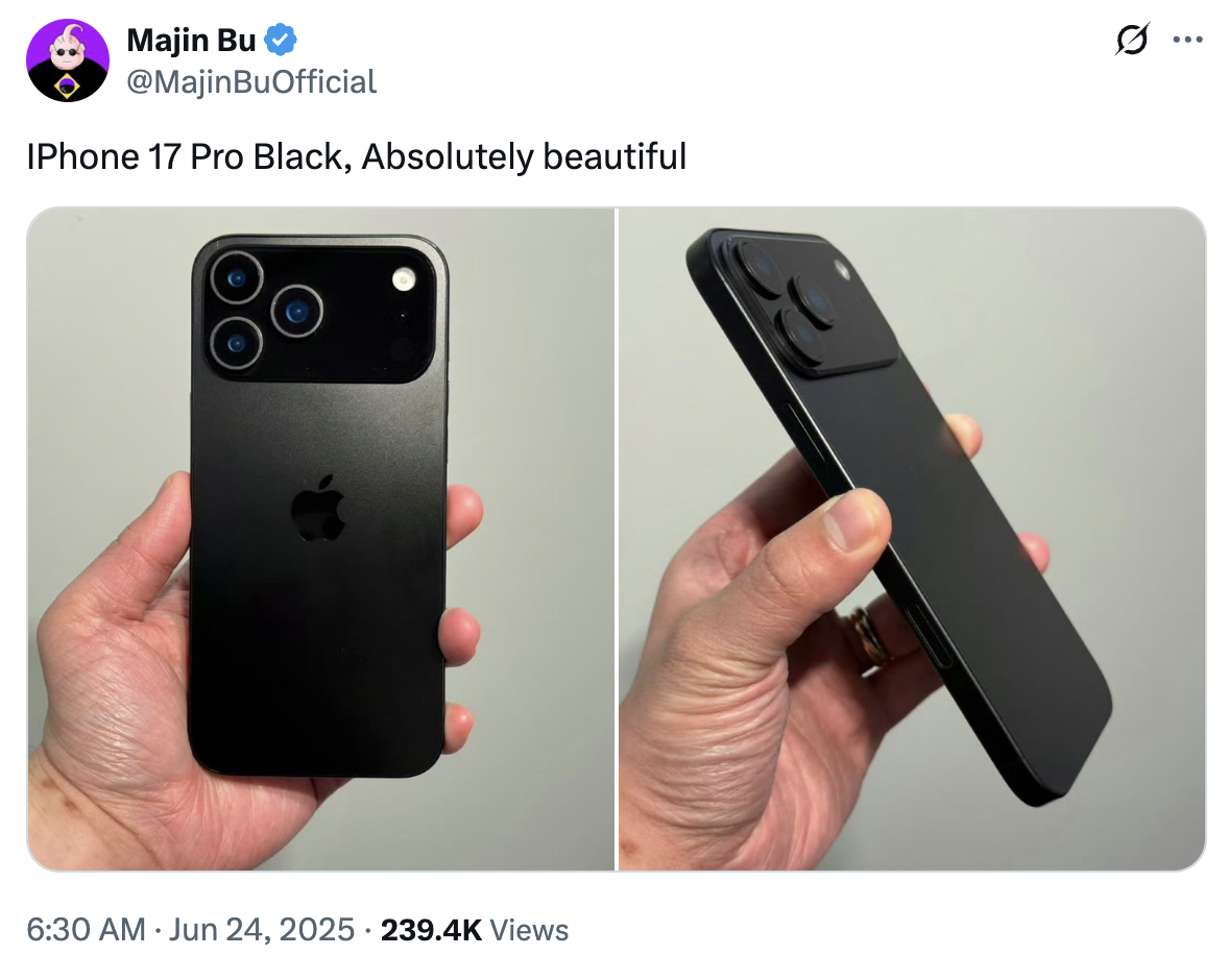 A screen shot of a tweet posted by Majin Bu on X supposedly revealing the iPhone 17 Pro Design