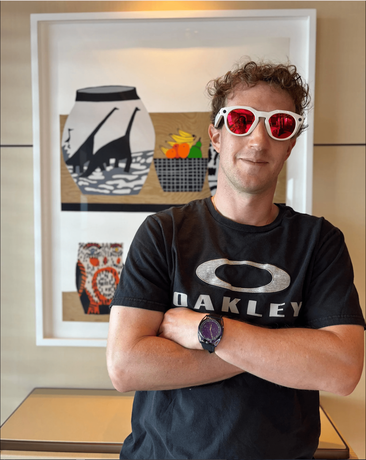 A portrait of Mark Zuckerberg wearing Meta x Oakley sunglasses, and Oakley T-shirt and a De Bethune DB28XS Purple Rain watch