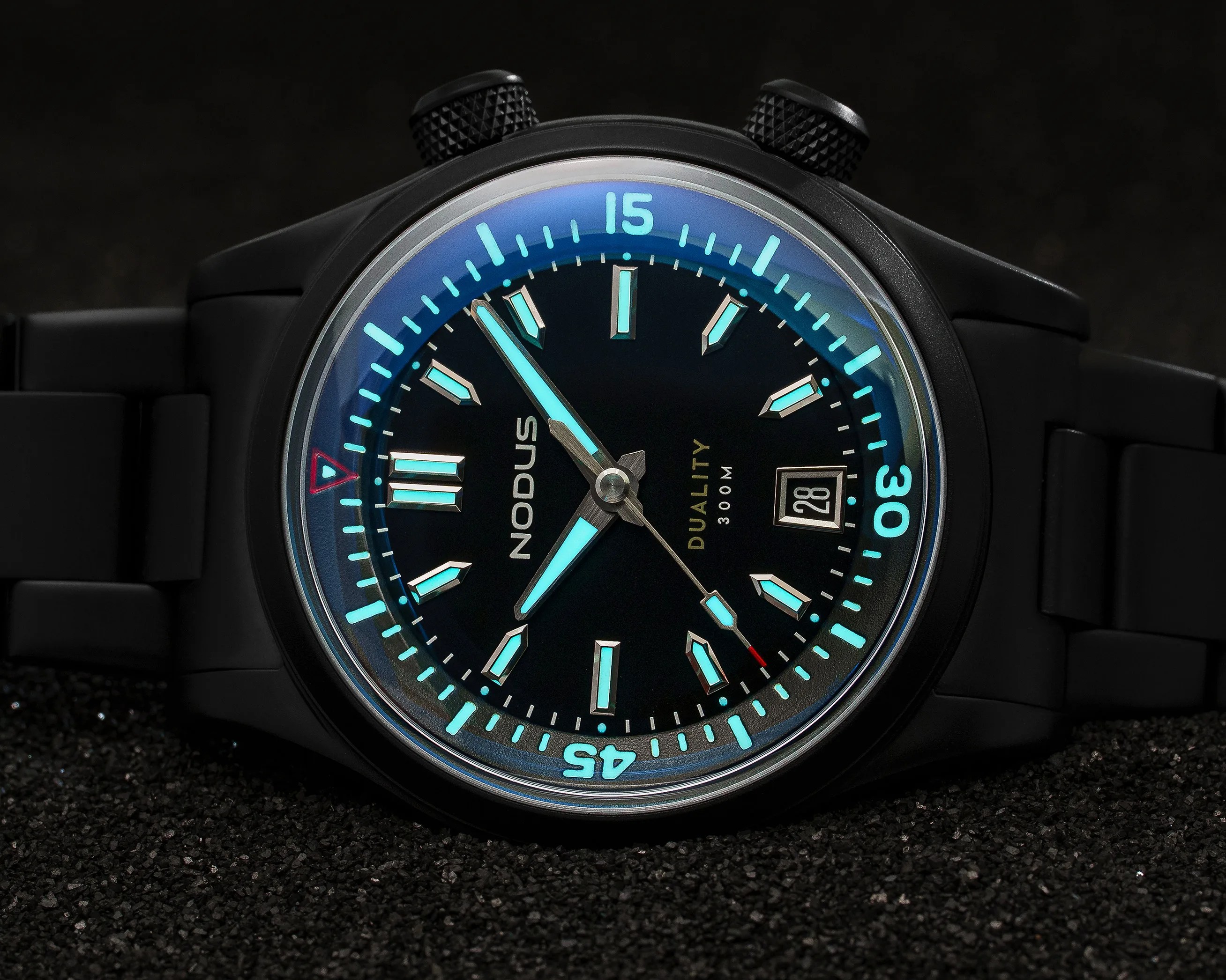 the lume on a black Nodus dive watch
