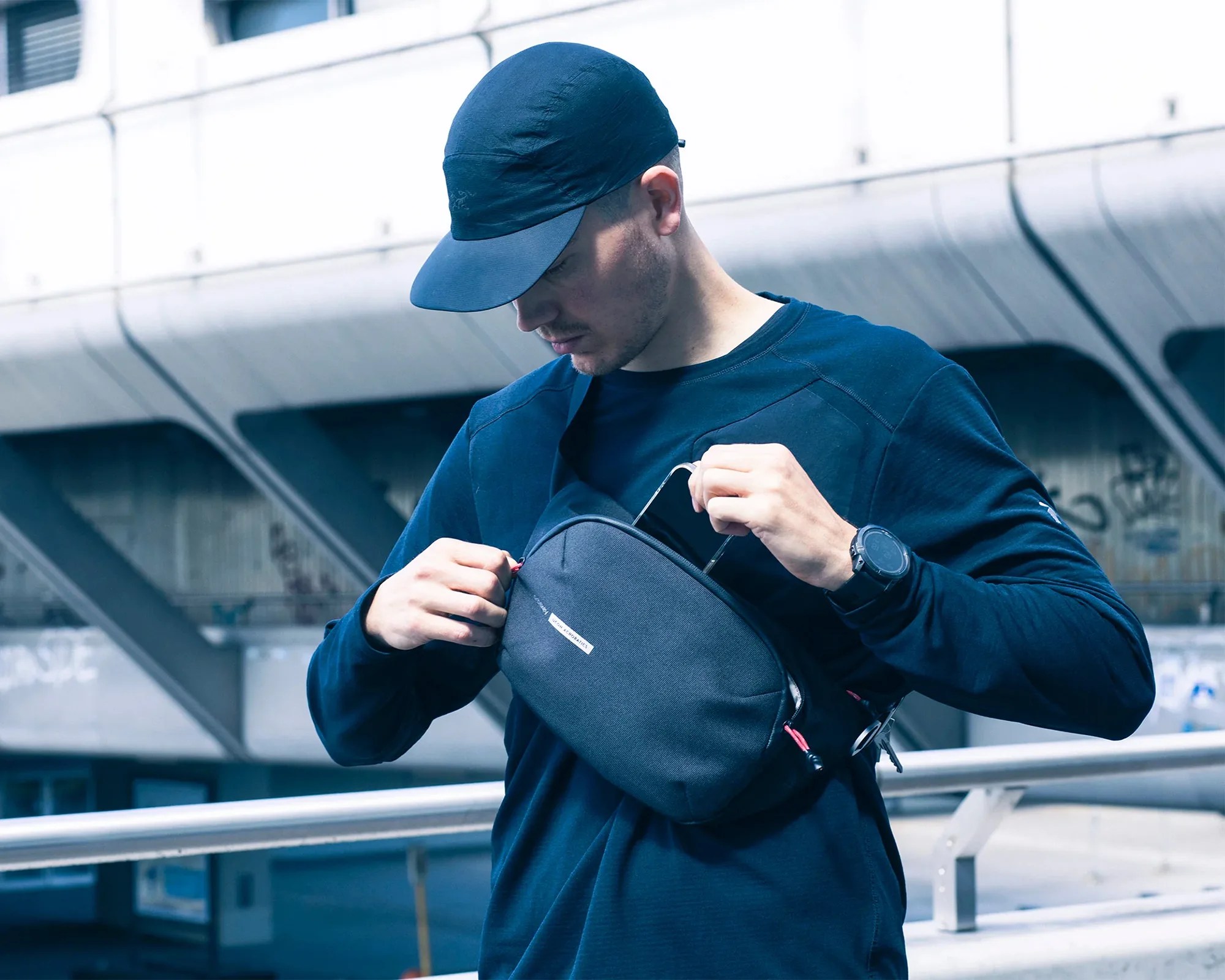Orbitkey x Ucon Acrobatics Urban Sling worn on person outside