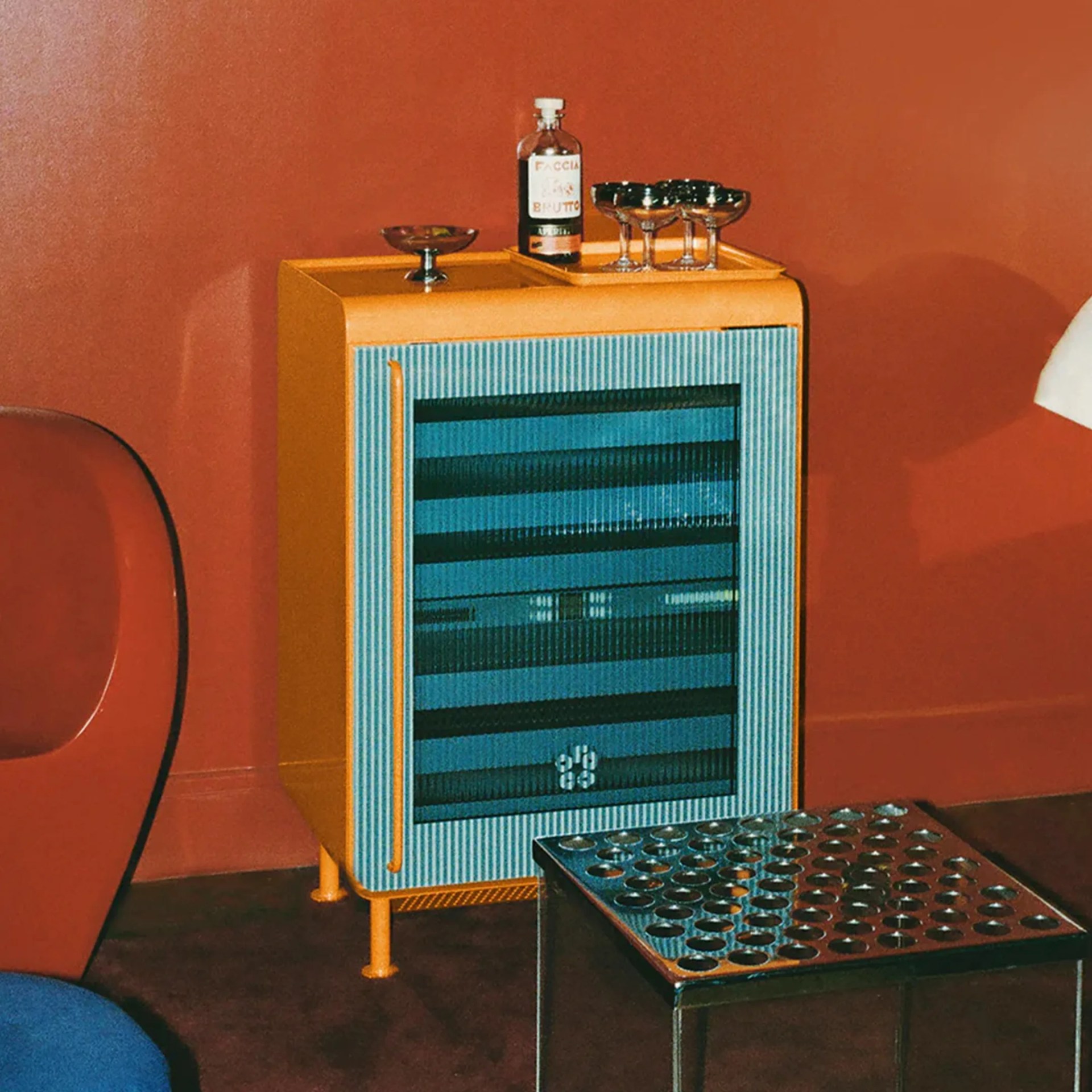 Rocco x Katz's Deli Super Smart Fridge in living room with drink tray on top