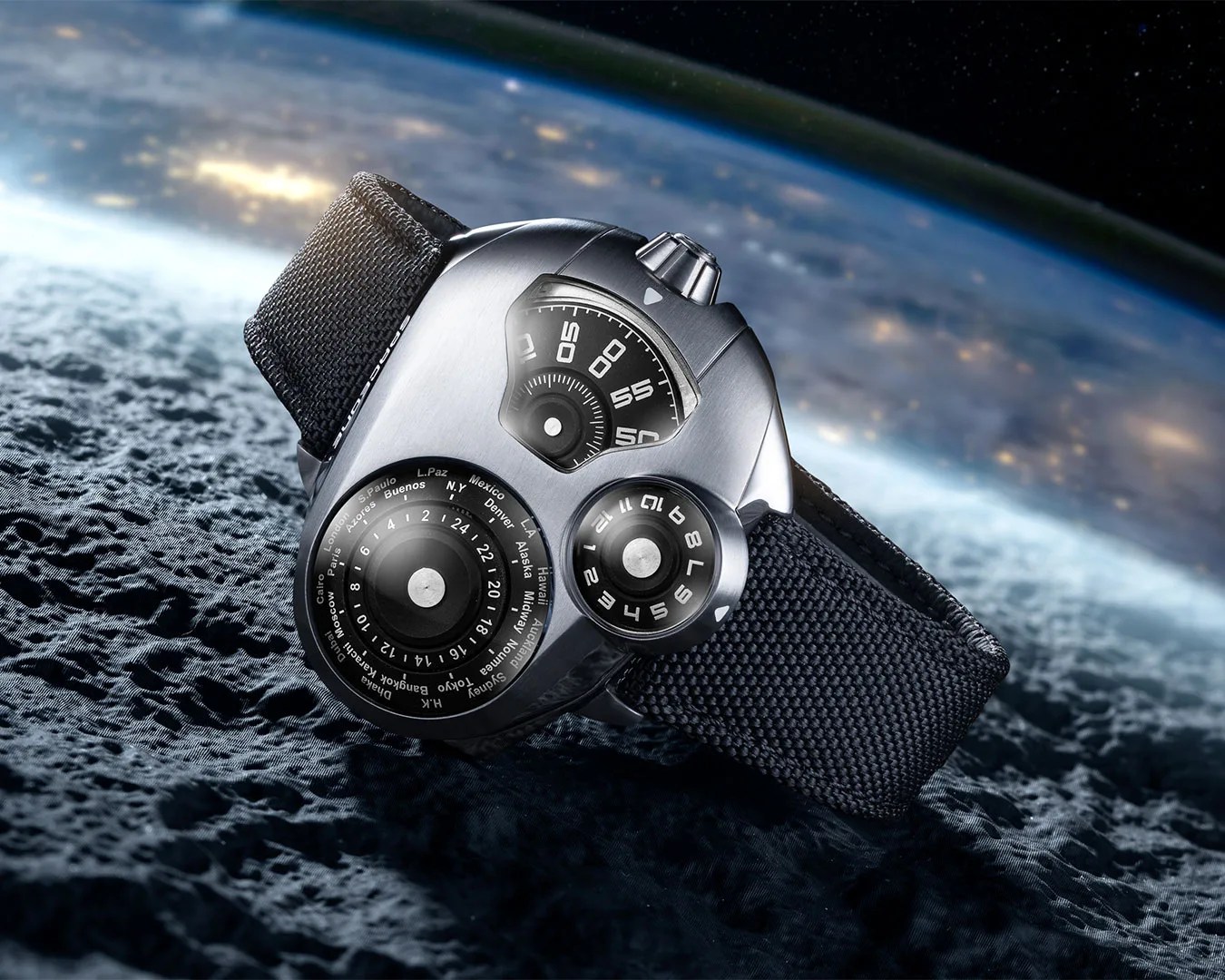 SpaceOne World Timer watch laying on the surface of the moon