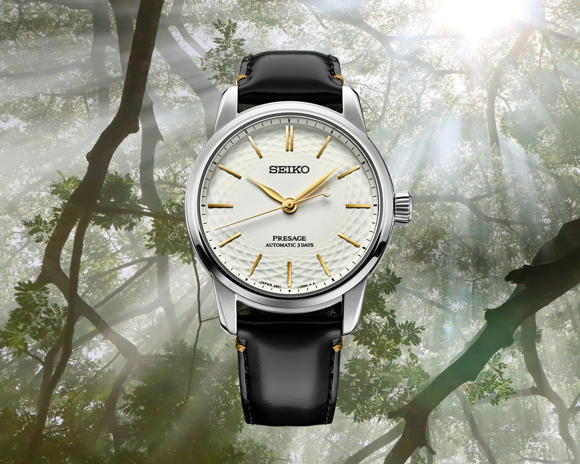 Seiko Presage Classic Series Craftsmanship Unglazed Arita Porcelain SPB497 Dress Watch on forest canopy background