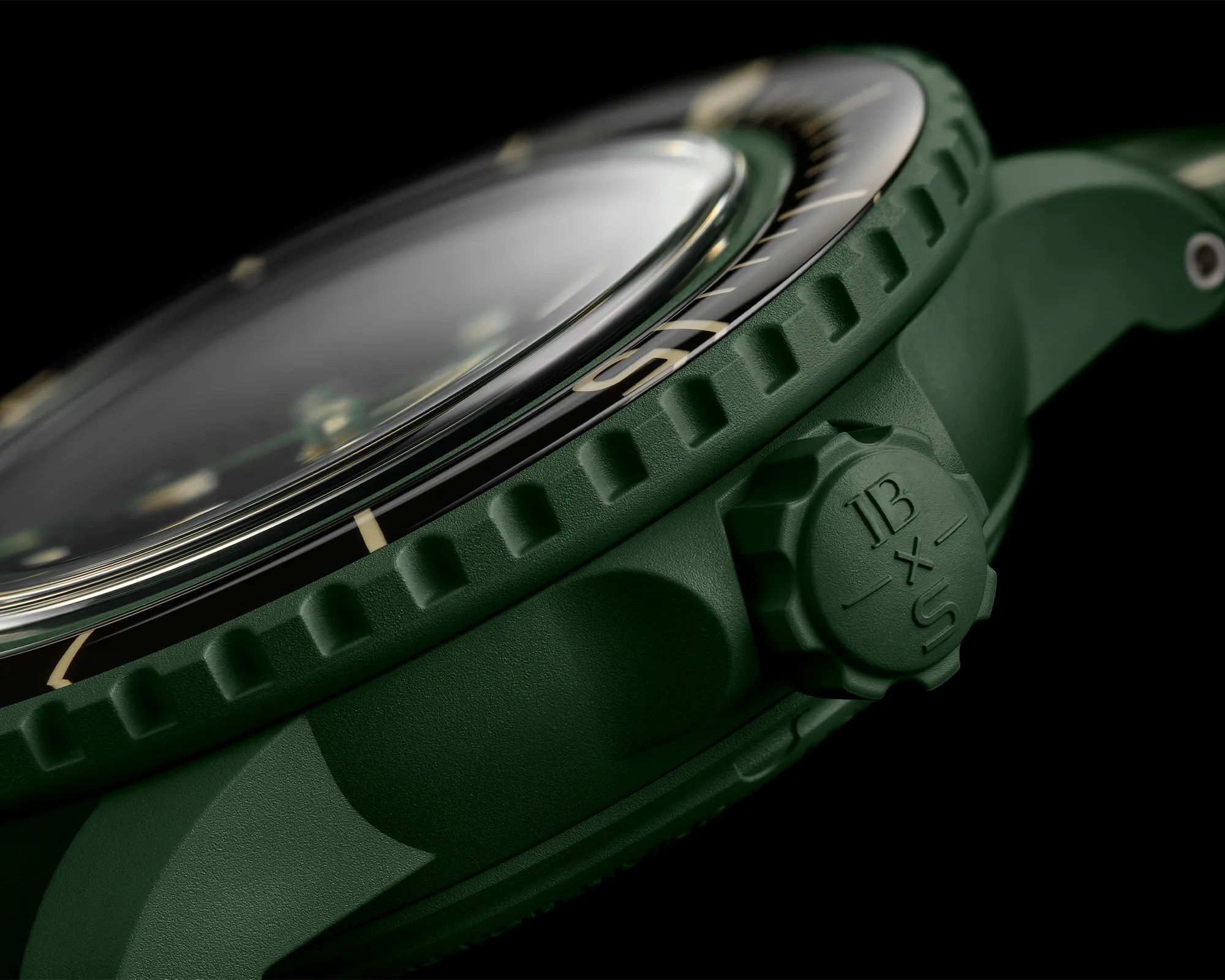 Swatch x Blancpain Bioceramic Scuba Fifty Fathoms Green Abyss Dive Watch case closeup