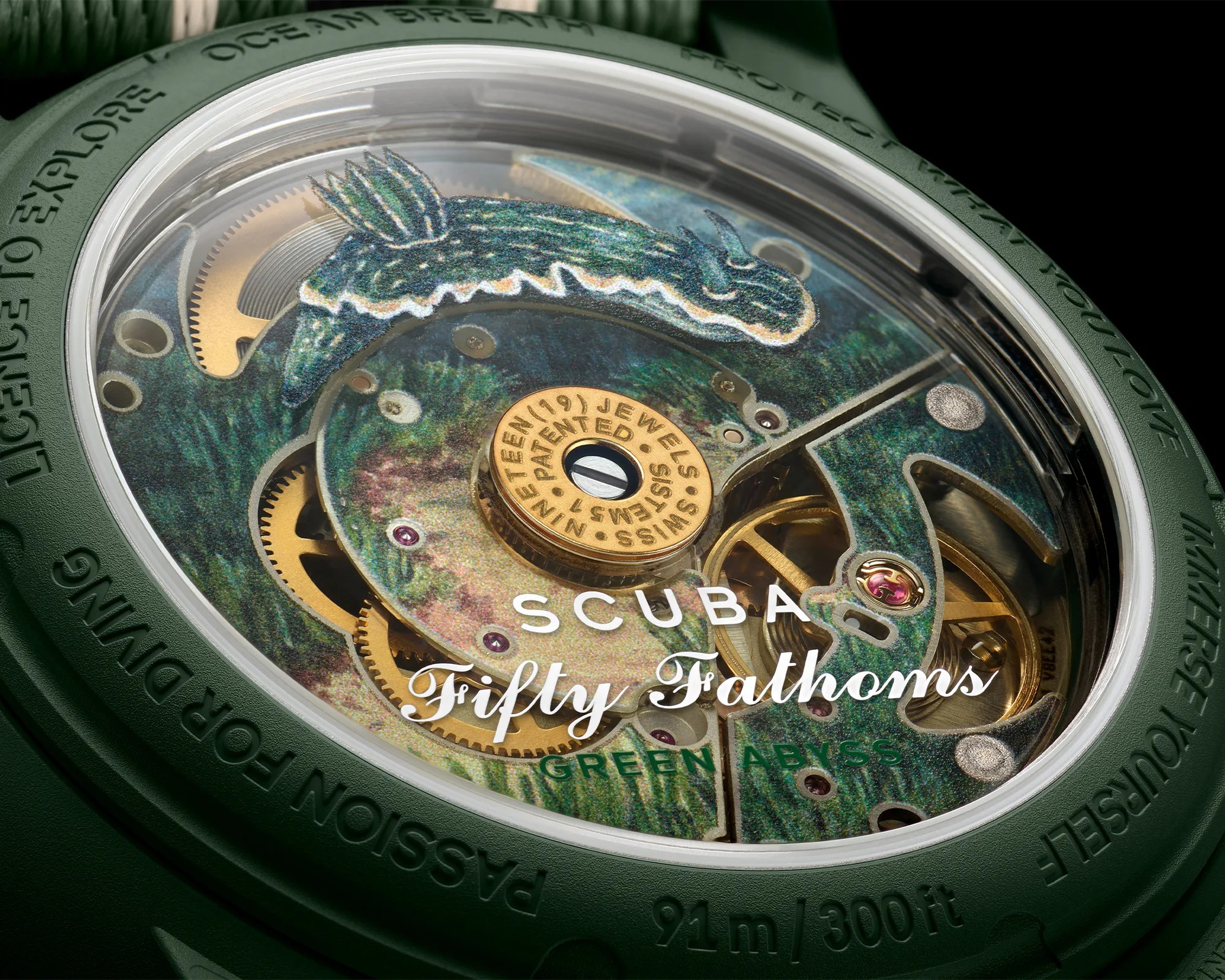 Swatch x Blancpain Bioceramic Scuba Fifty Fathoms Green Abyss Dive Watch caseback