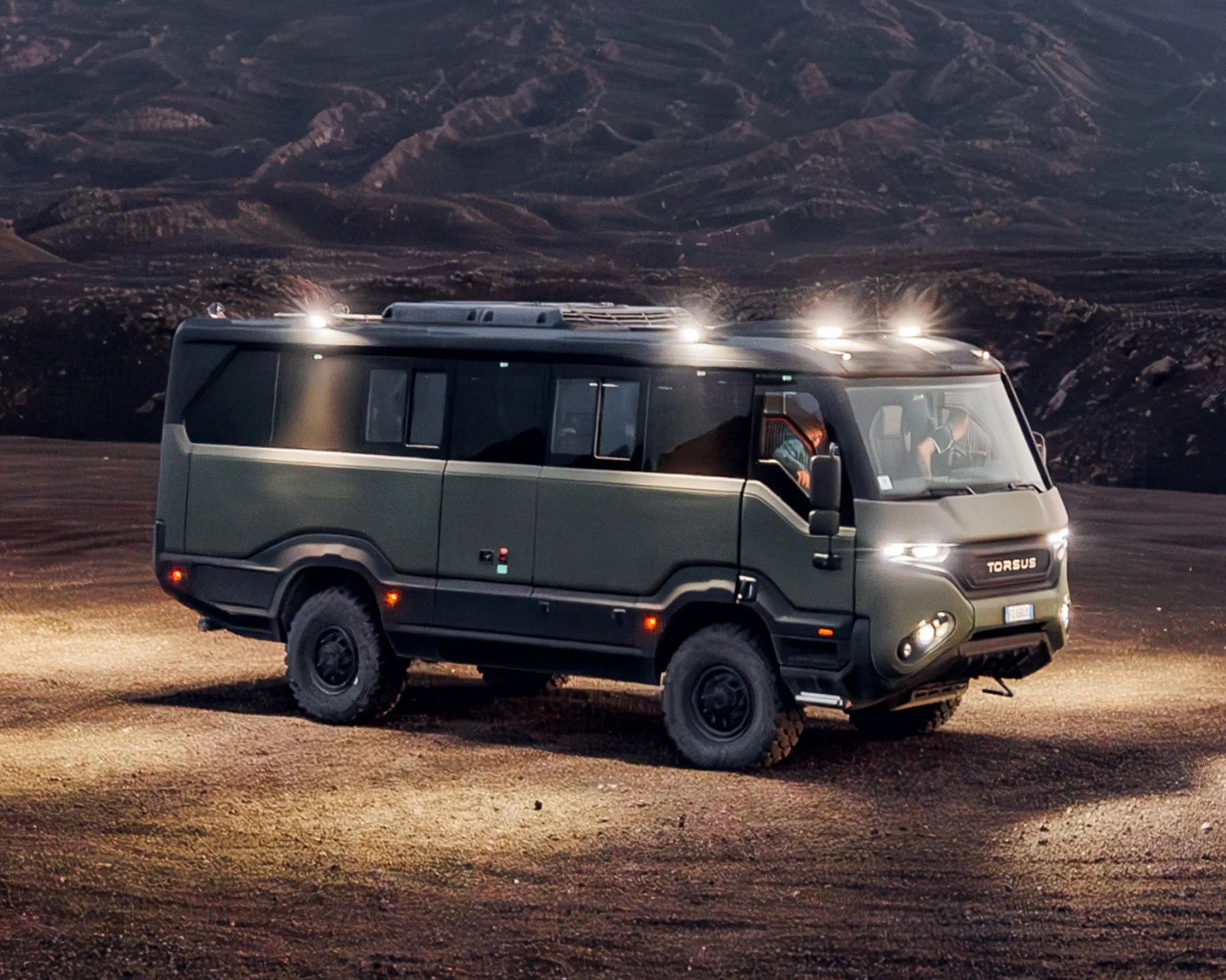Torsus Praetorian Liberra Off-Road RV in desert at twilight