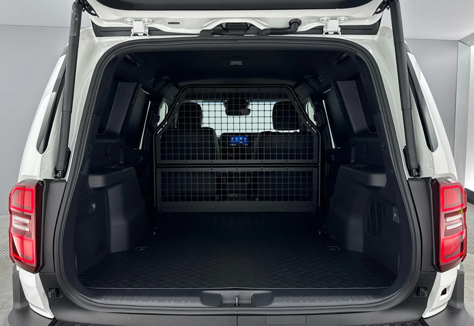 The rear hatch of the Toyota Land Cruiser commercial shown open to reveal a large open storage area that lacks a back seat