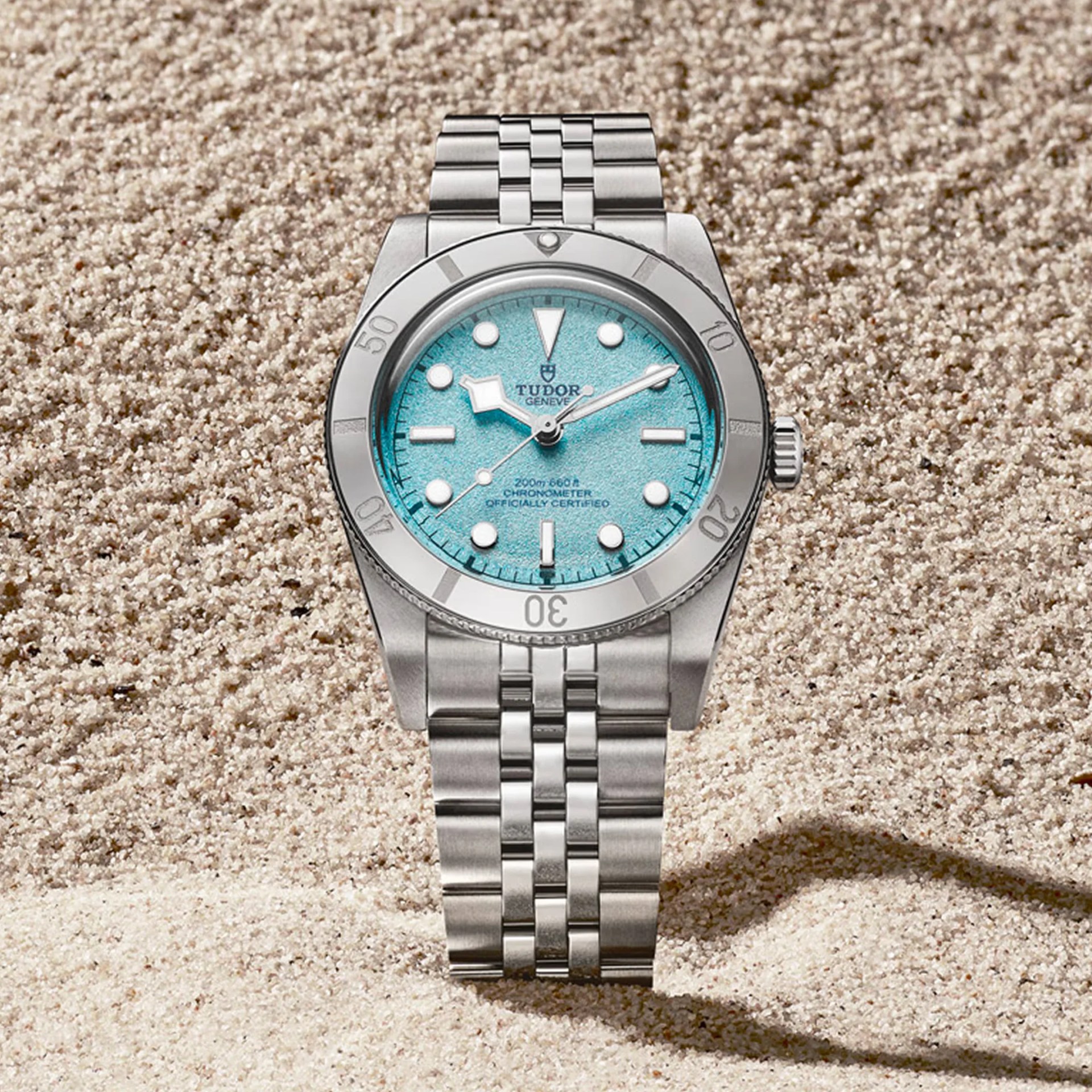 Tudor Black Bay 54 Lagoon Blue Dive Watch on sand