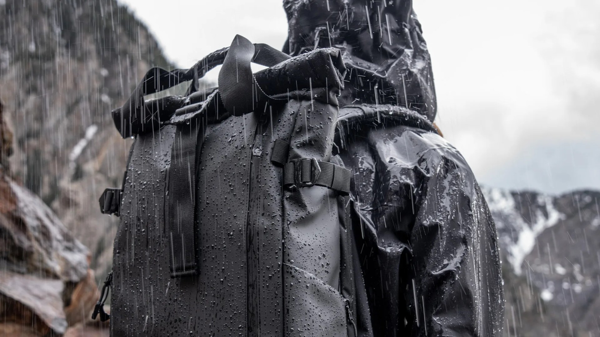 closeup of Wandrd Prvke V4 EDC Travel Backpack outdoors in rain