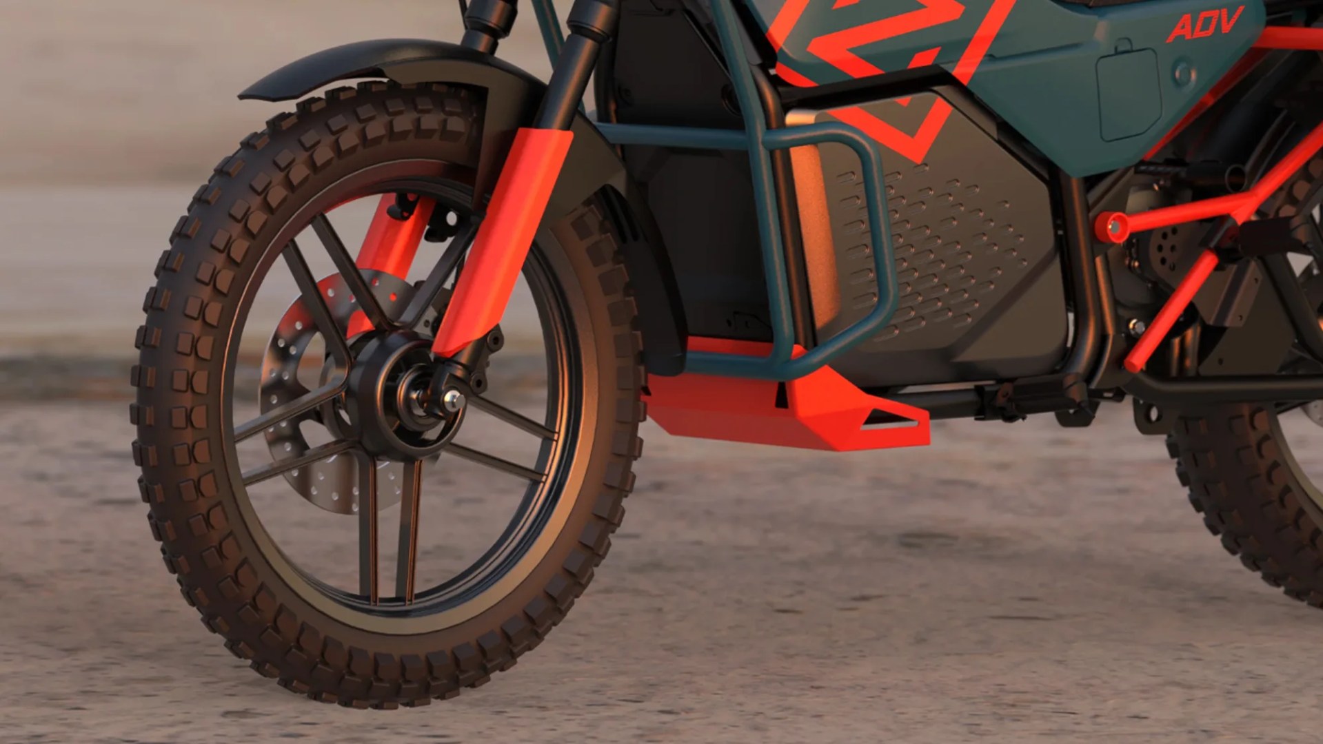 Zeno Emara ADV Electric Motorcycle wheels closeup