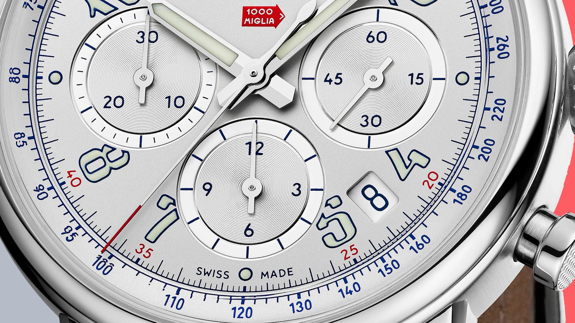 the dial of a chronograph watch