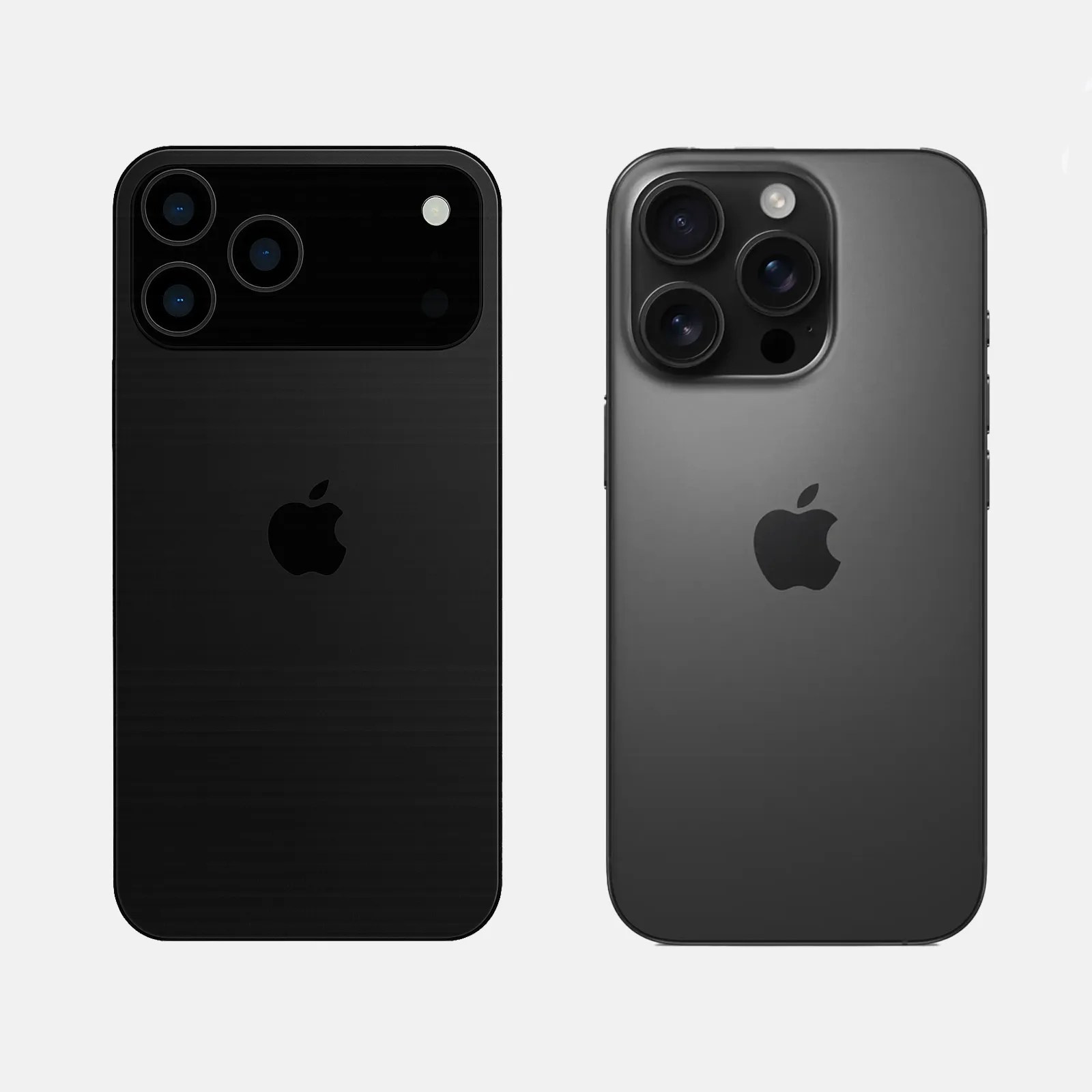 A rendering of the iPhone 17 Pro made by ChatGPT next to an image of the iPhone 16 Pro from Apple. 