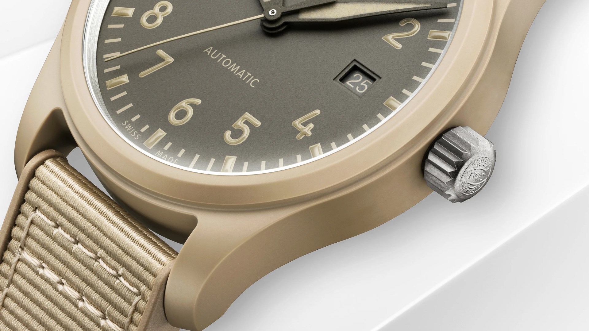 the case and dial of a khaki IWC watch