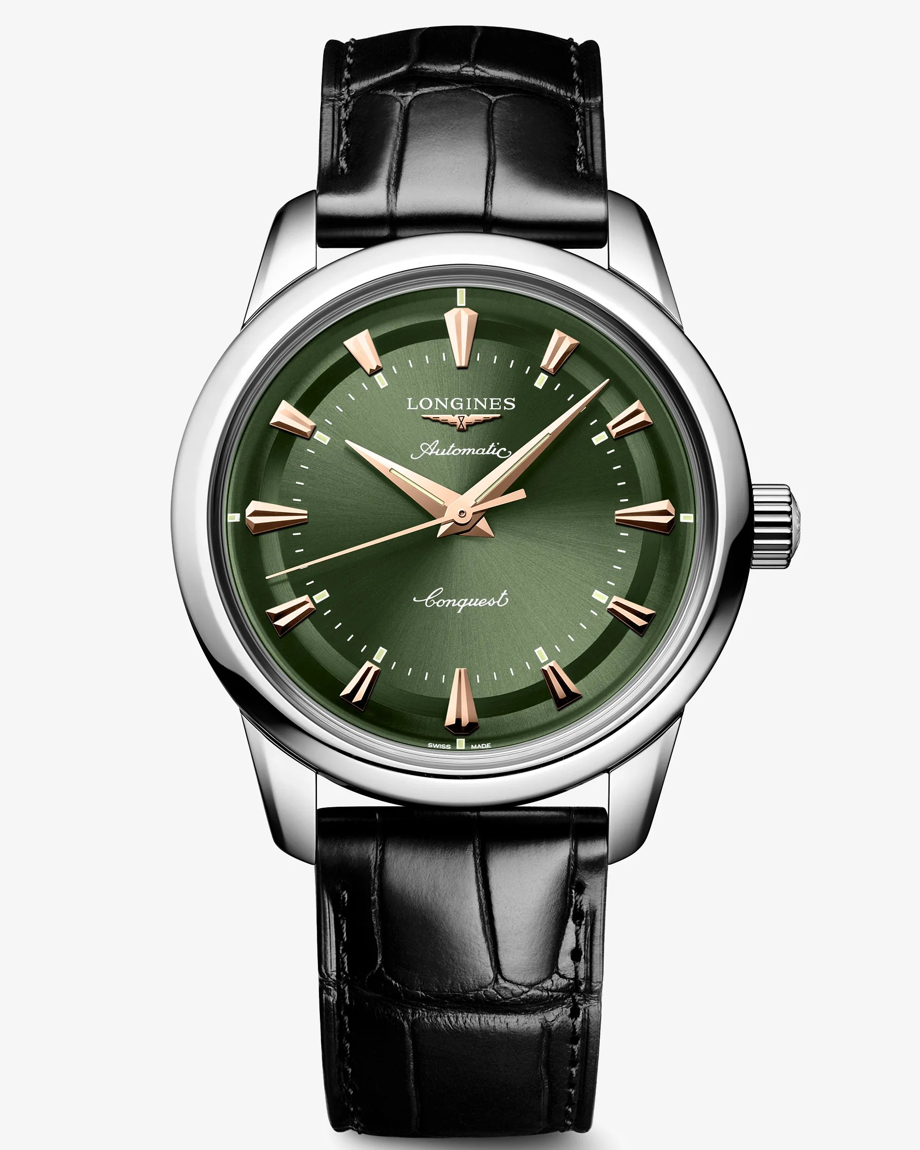 a Longines watch with a green dial