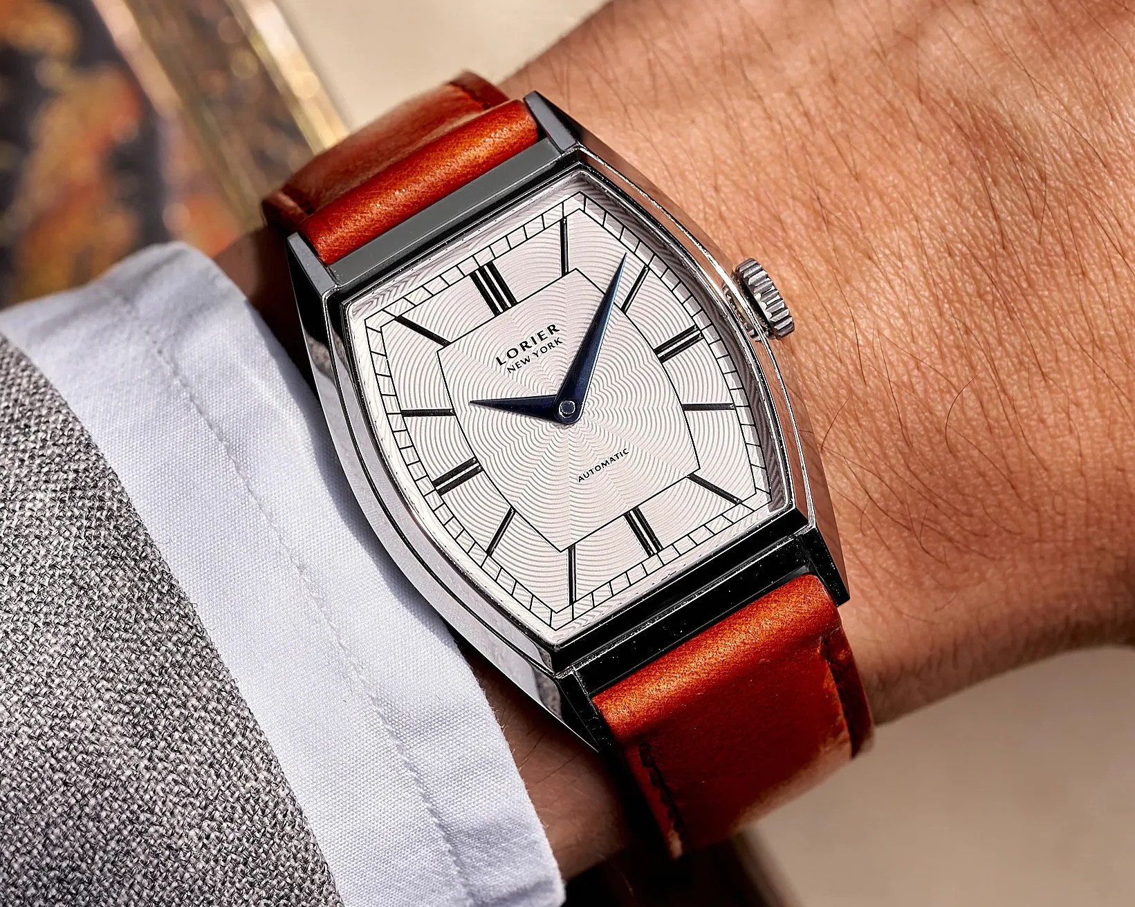 a Lorier dress watch on a man's wrist
