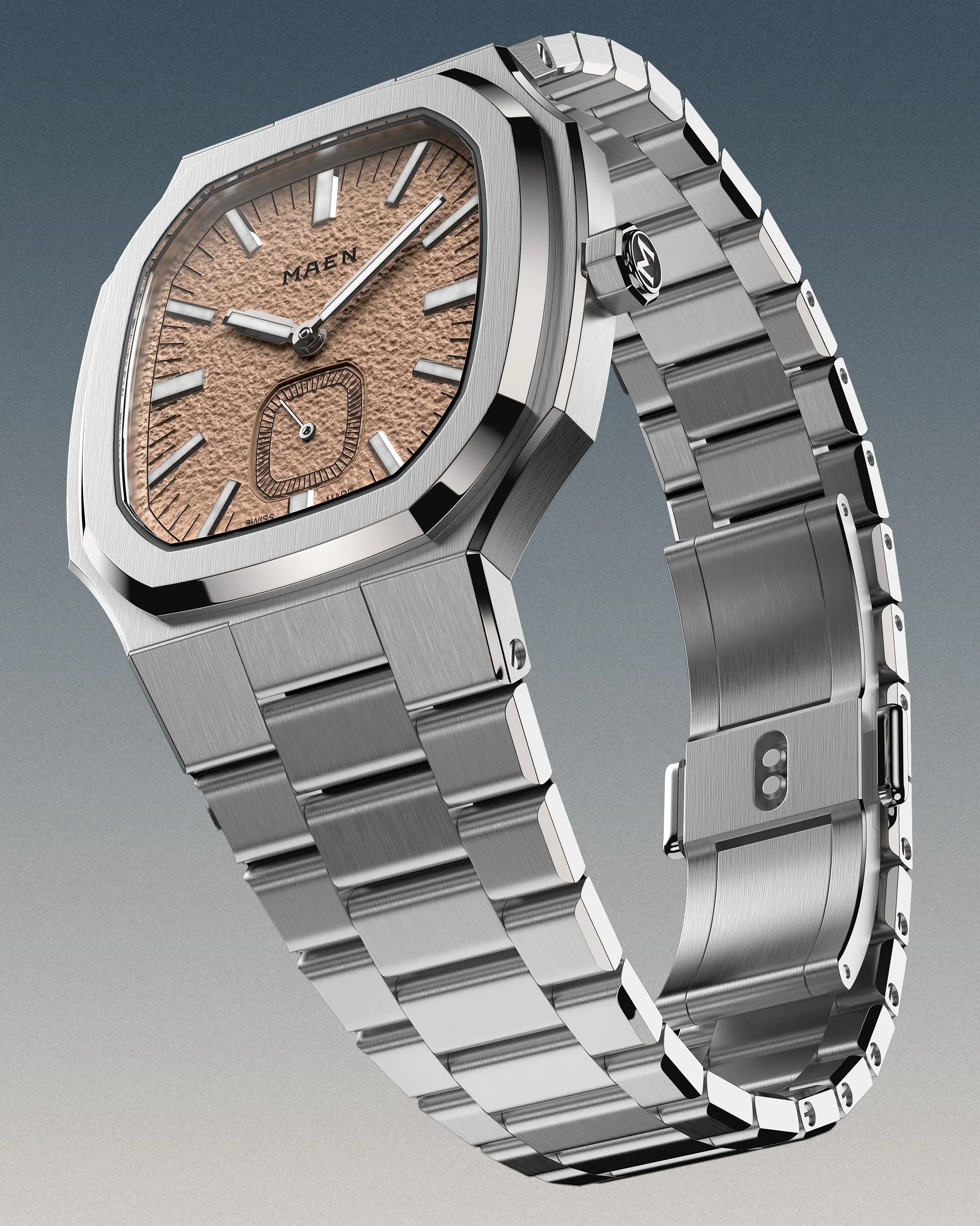 the front of a steel Maen watch