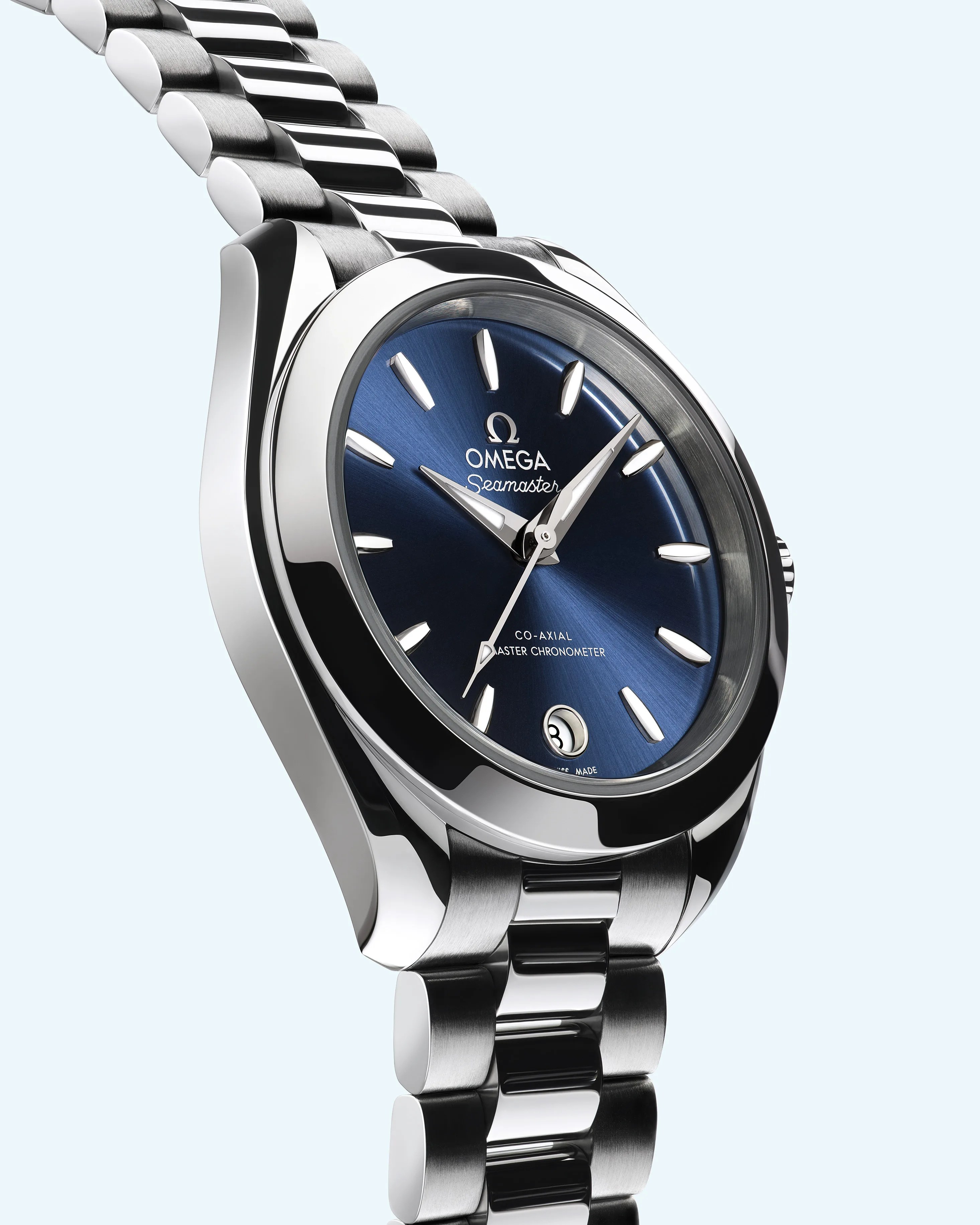 a blue dial Omega watch