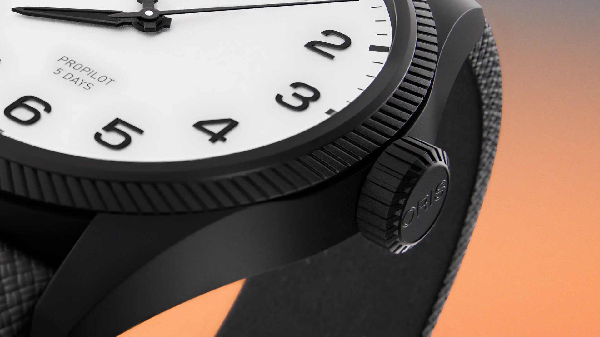 the case and crown of a black Oris watch