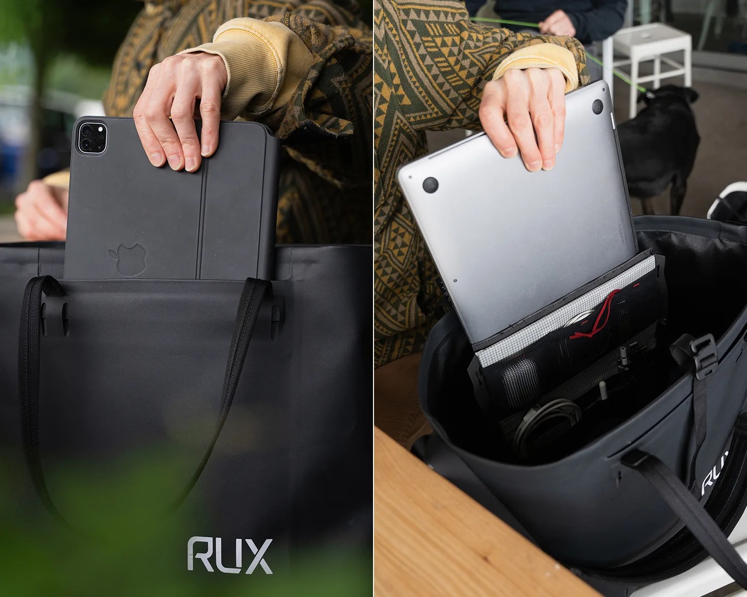 rux waterproof tote bag tablet and laptop slots